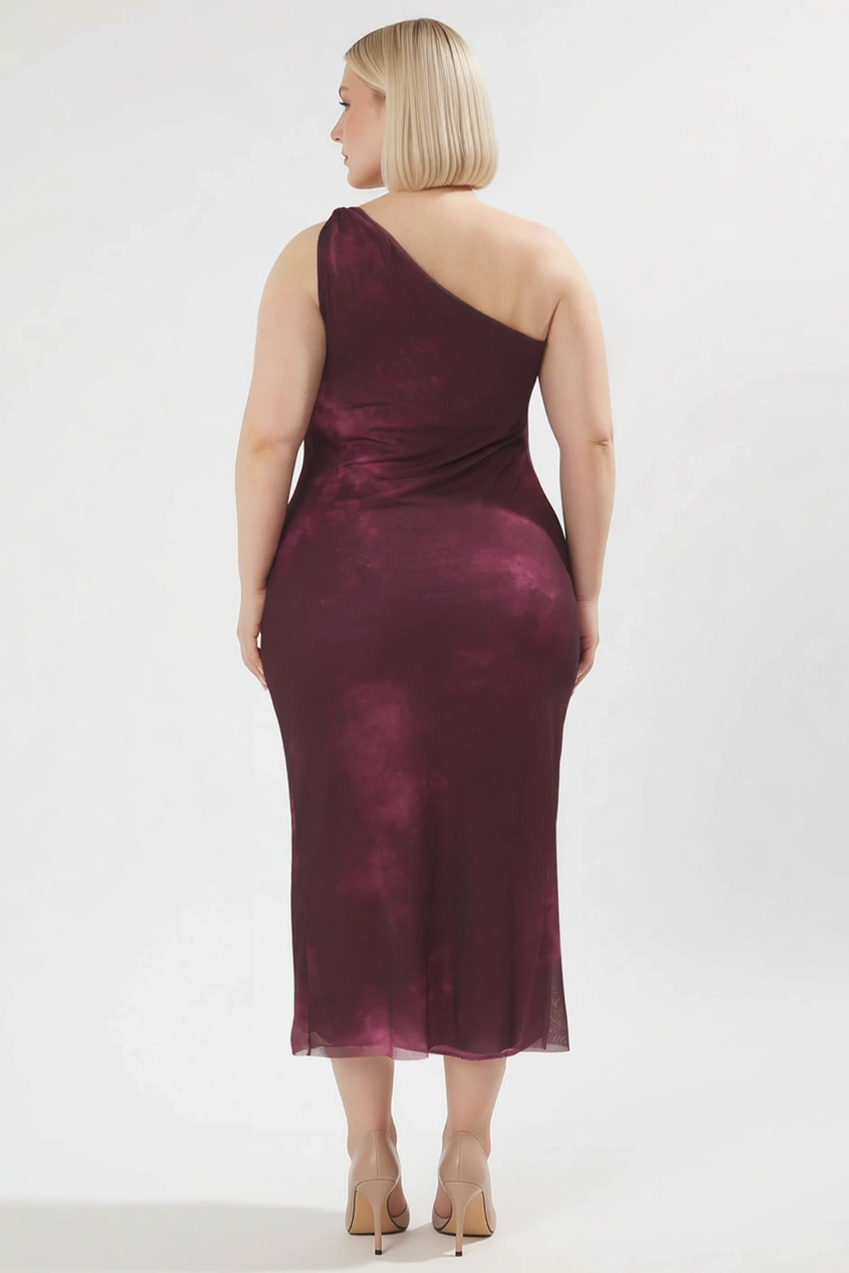 Kadın Büyük Beden Asimetrik Yaka Tek Kol Bodycon Maxi Tül Elbise Çiçek Desenli Günlük Rahat Modern