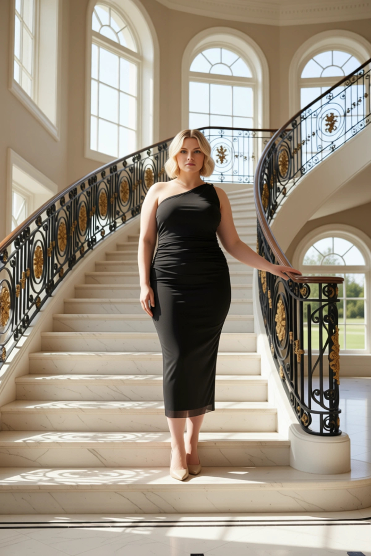 Kadın Büyük Beden Asimetrik Yaka Tek Kol Bodycon Maxi Tül Elbise Çiçek Desenli Günlük Rahat Modern