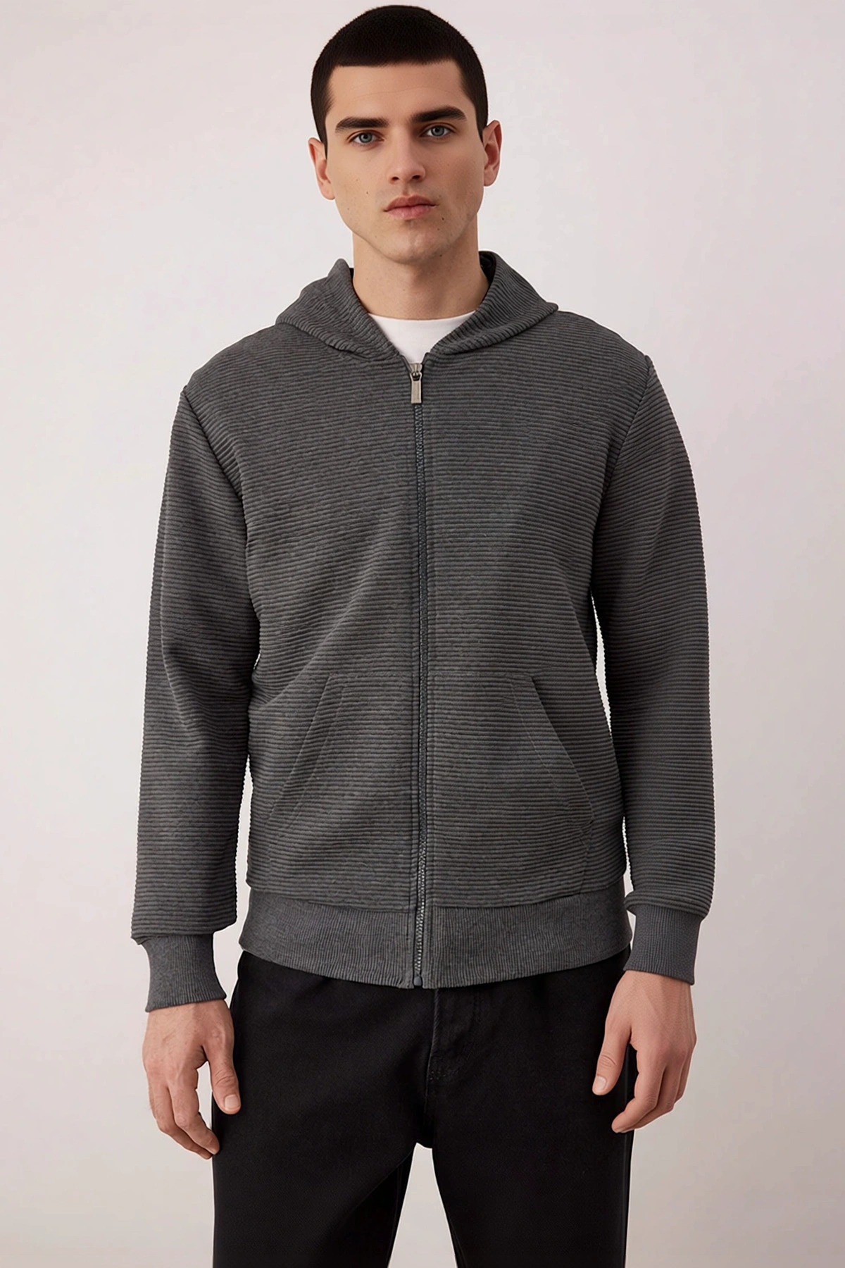 Erkek Bisiklet Yaka Standart Kol Fermuarlı Dokulu Sweatshirt Fonksiyonel Dayanıklı Estetik