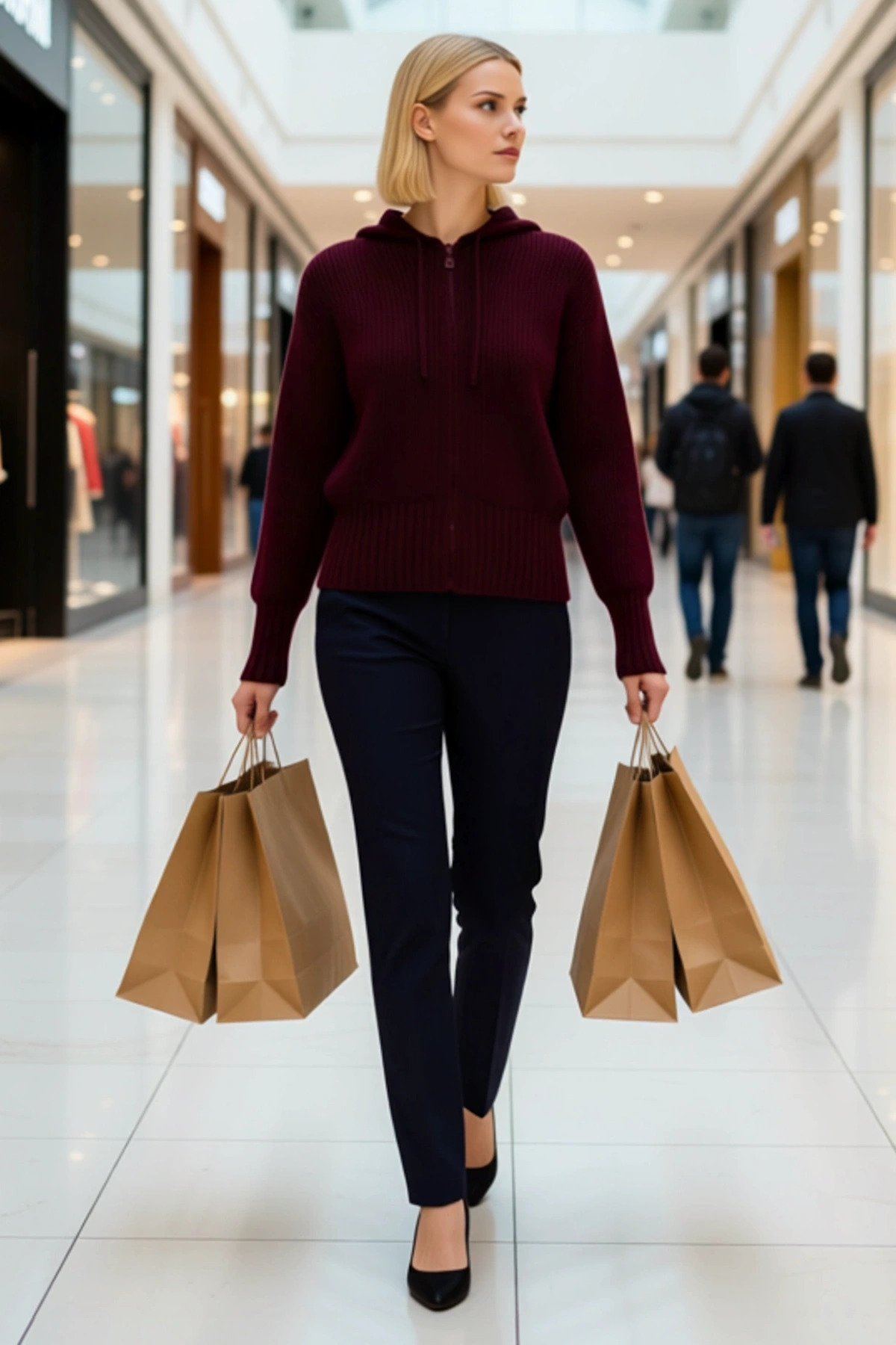 Kadın Regular Fit Kapüşonlu Fermuarlı Uzun Kollu Yumuşak Dokulu Fitilli Triko Hırka Kışlık Stil