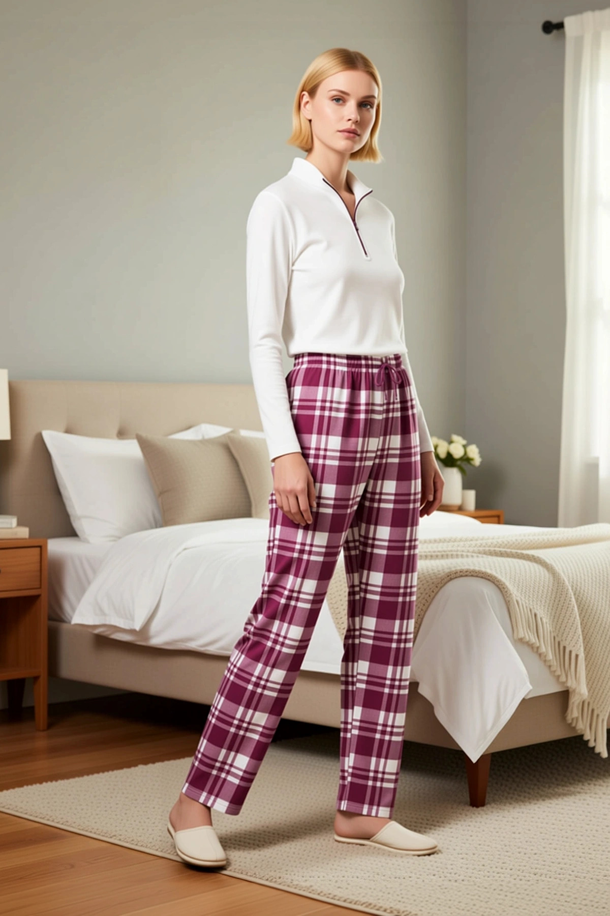 Kadın Dik Yaka Düşük Kol Fermuarlı Waffle Örme Ekose Desenli Pijama Takımı Fonksiyonel Şık