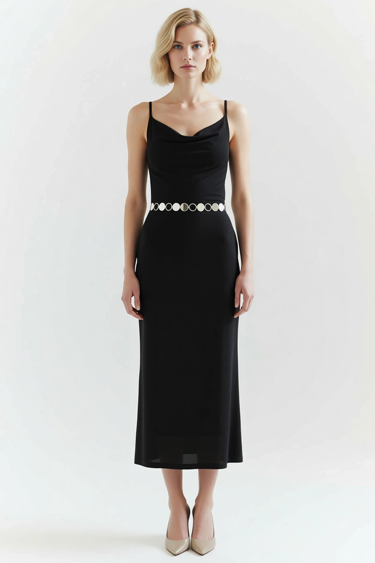Kadın Asimetrik Yaka Kolsuz Bodycon Kalıp Maxi Örme Elbise Modern
