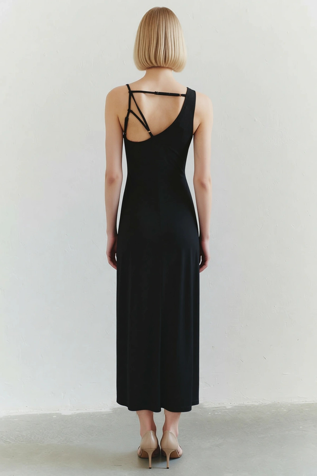 Kadın Asimetrik Yaka Kolsuz Bodycon Kalıp Maxi Örme Elbise Modern
