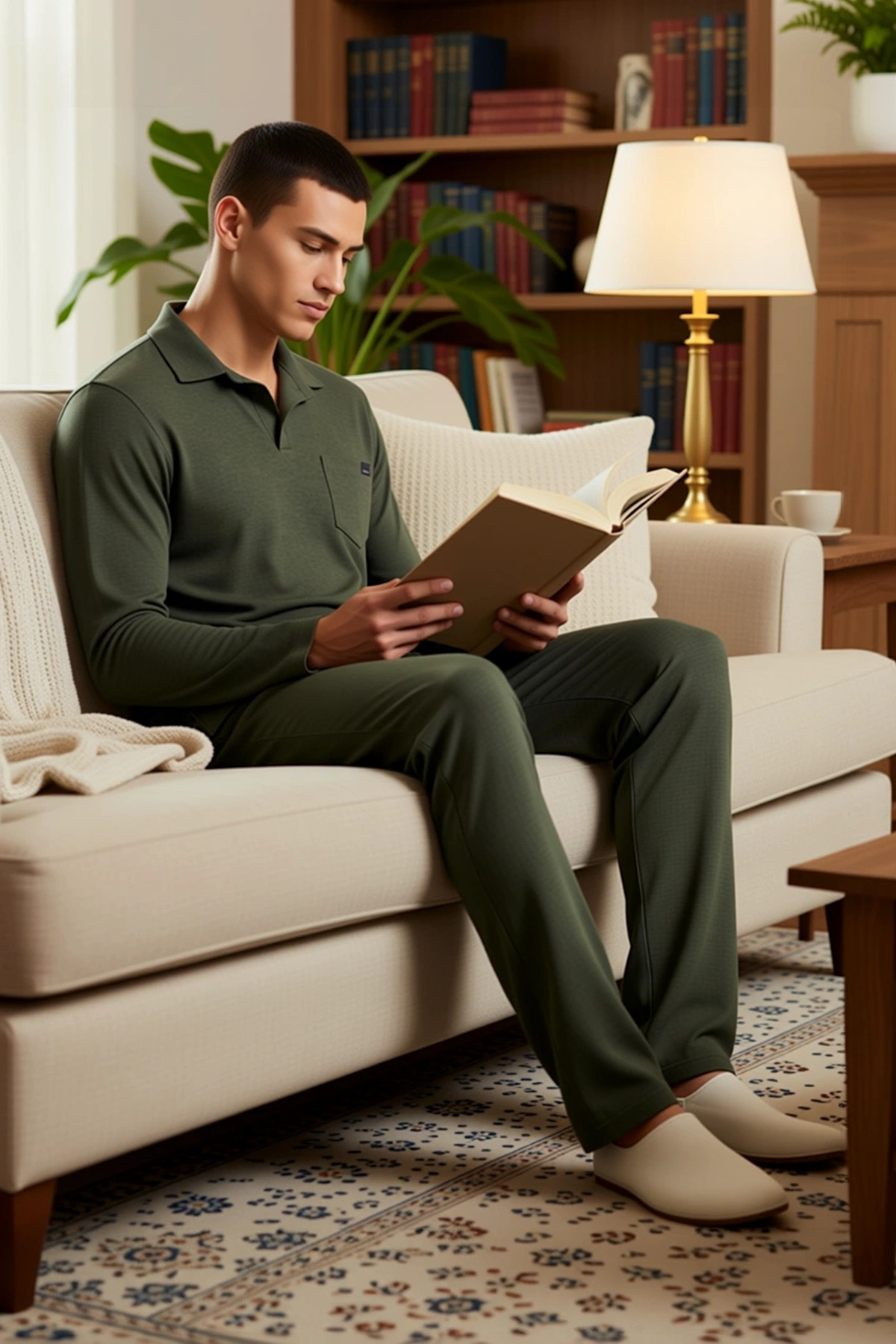 Erkek Polo Yaka Uzun Kol Regular Kalıp Dokulu Örme Pijama Takımı