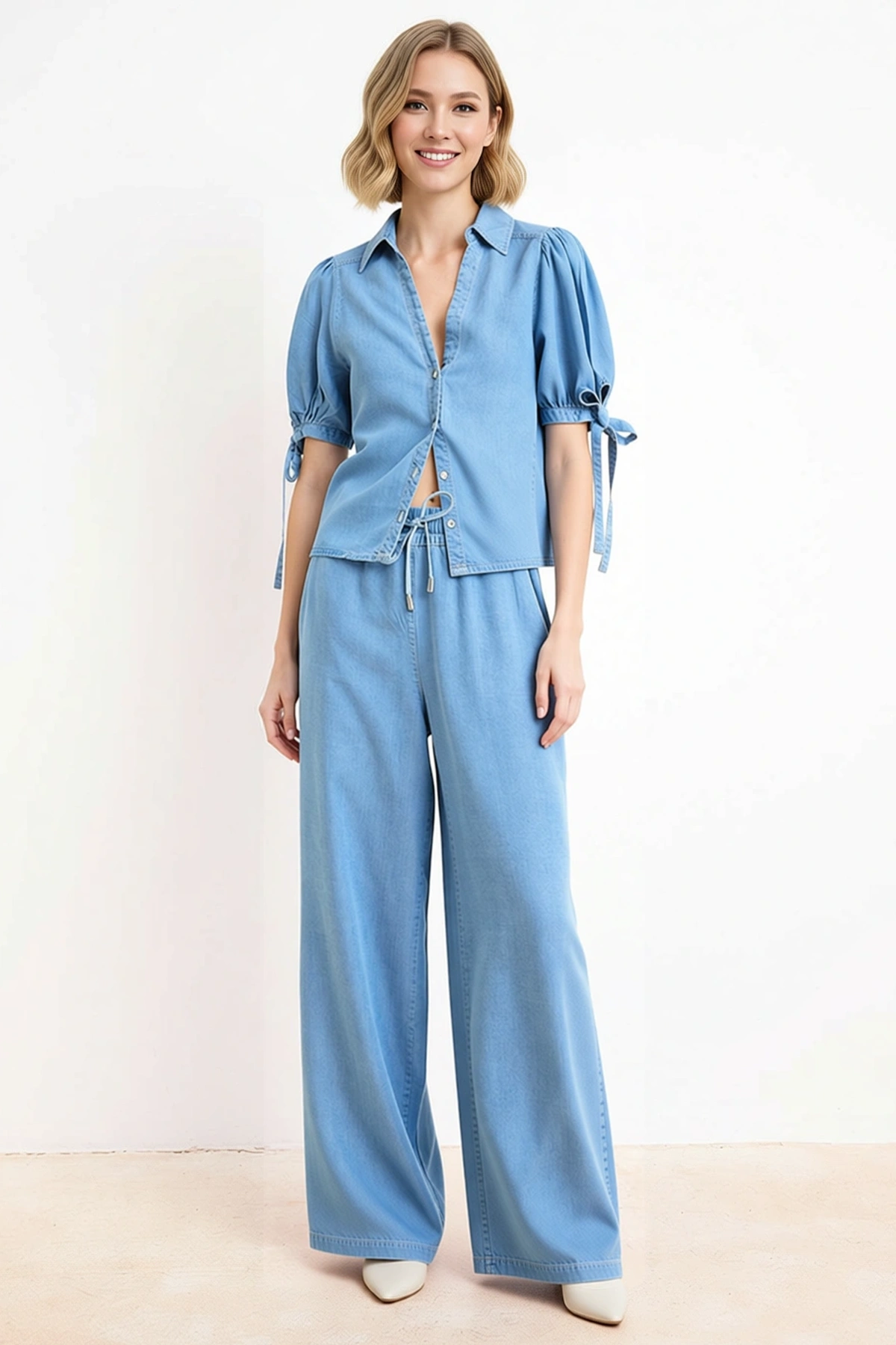Kadın Büyük Beden Denim Takım Balon Kollu Gömlek Yaka Yüksek Bel Bol Paça Tencel Rahat Günlük Modern