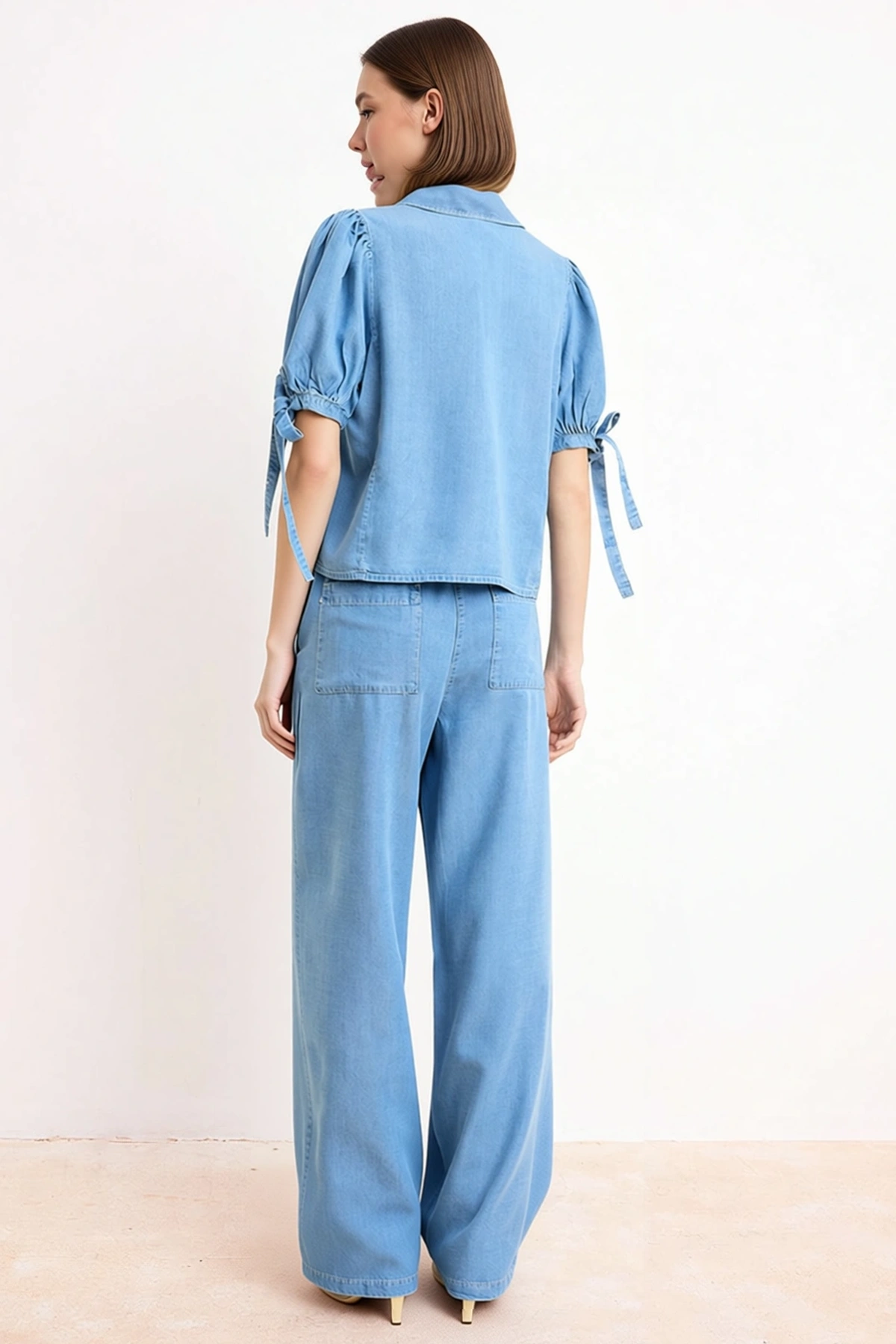 Kadın Büyük Beden Denim Takım Balon Kollu Gömlek Yaka Yüksek Bel Bol Paça Tencel Rahat Günlük Modern