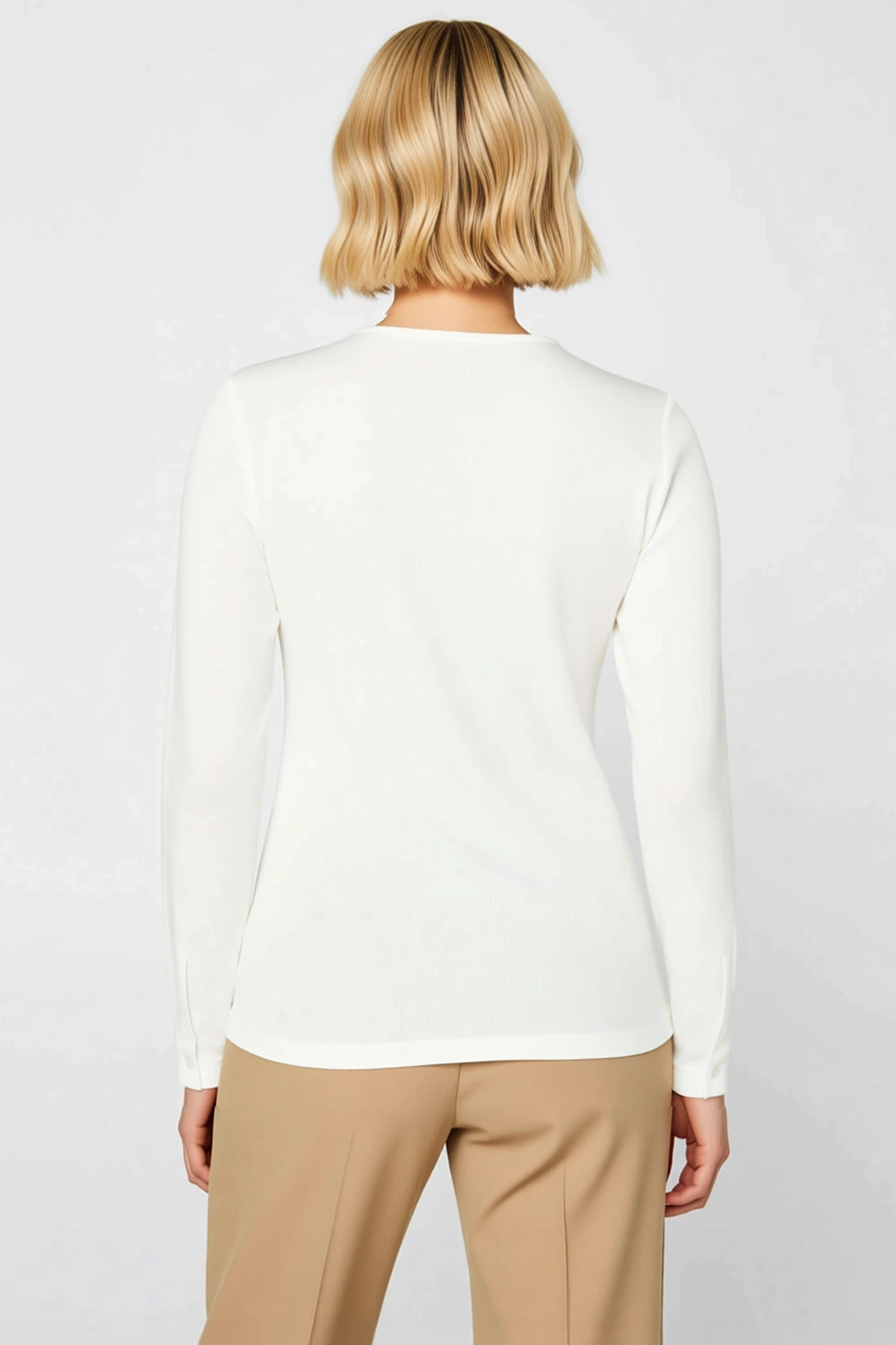 Kadın Bluz Polo Yaka Uzun Standart Kol Fitted Örme Fitilli Kaşkorse Esnek Düz Desen Regular Boy