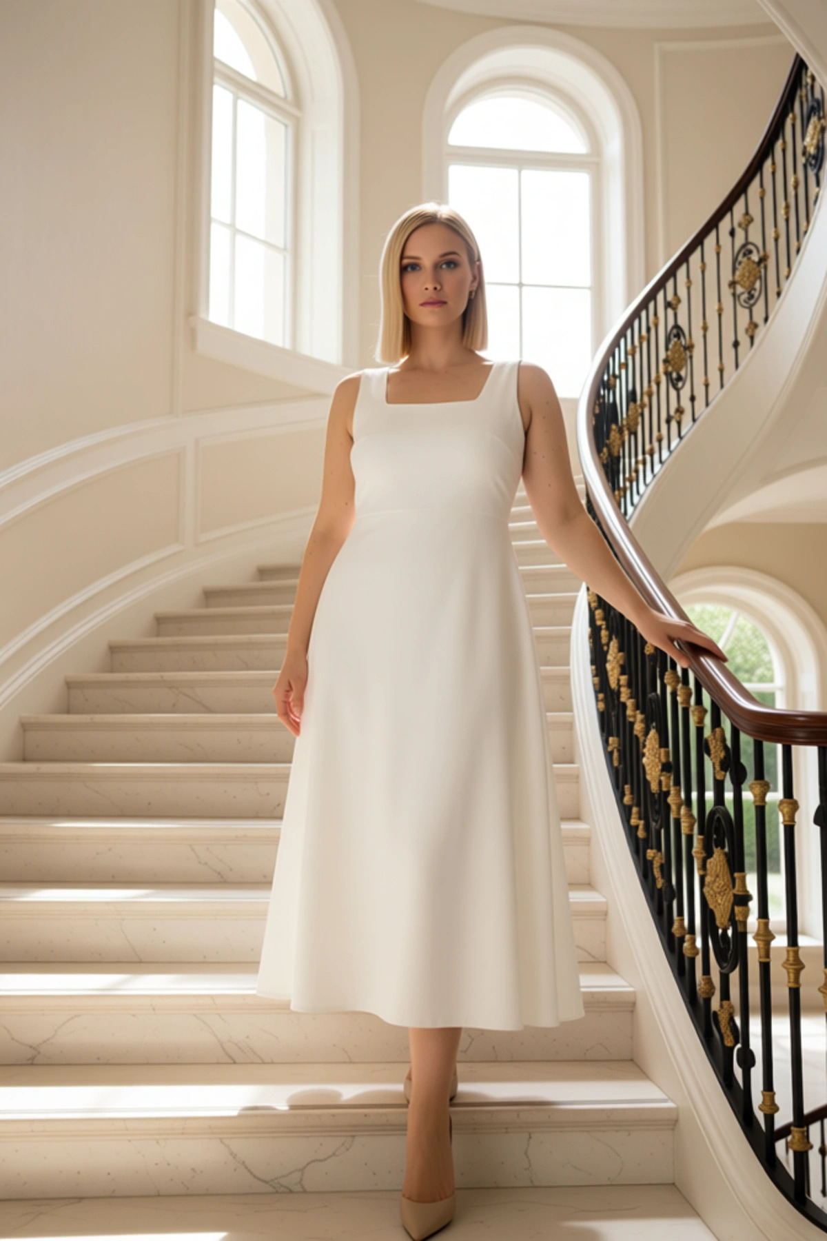 Kadın Büyük Beden Kare Yaka Standart Kol Bodycon Kalıp Midi Elbise Fonksiyonel Dayanıklı Şık