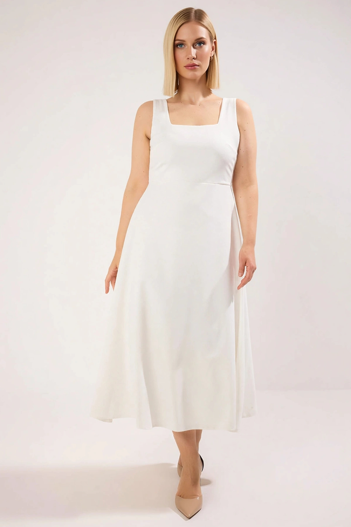 Kadın Büyük Beden Kare Yaka Standart Kol Bodycon Kalıp Midi Elbise Fonksiyonel Dayanıklı Şık
