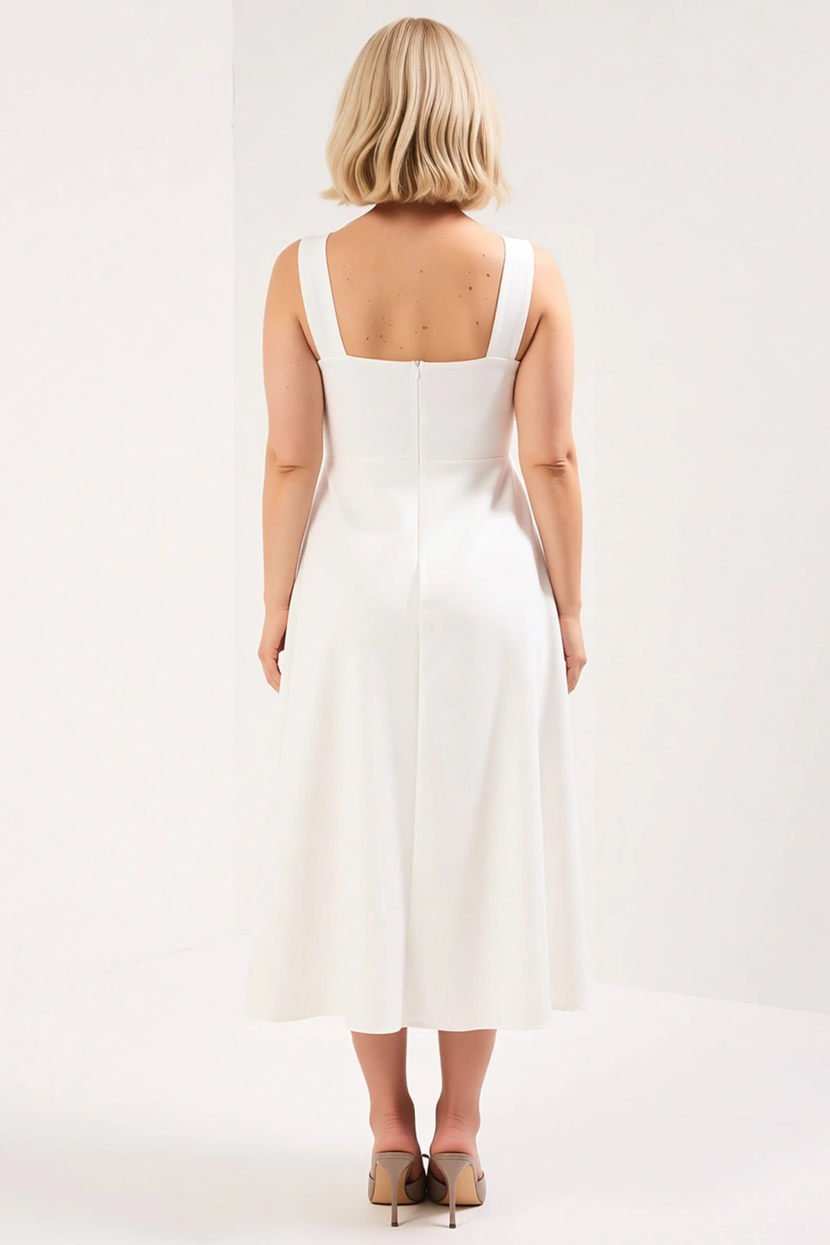 Kadın Büyük Beden Kare Yaka Standart Kol Bodycon Kalıp Midi Elbise Fonksiyonel Dayanıklı Şık