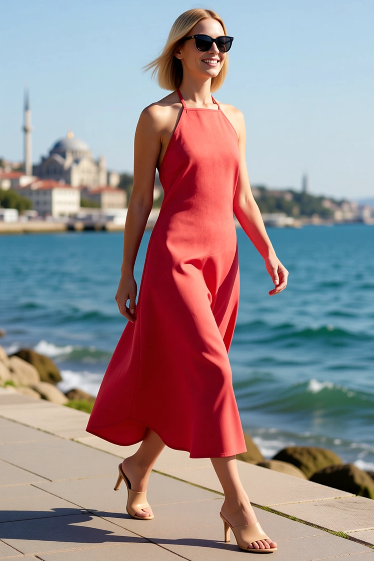 Kadın Halter Yaka Asimetrik Mini Dokuma Elbise %100 Keten Kolsuz Yazlık Rahat Kesim Günlük Modern