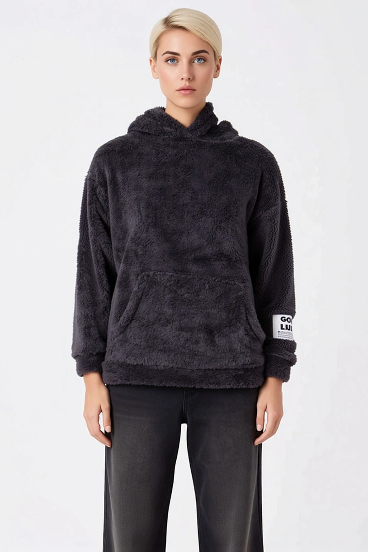 Kadın Kapüşonlu Düşük Kol Peluş Örme Sweatshirt Fonksiyonel Dayanıklı Kaliteli Konforlu Şık