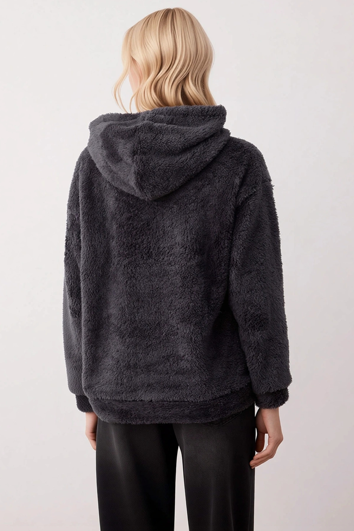 Kadın Kapüşonlu Düşük Kol Peluş Örme Sweatshirt Fonksiyonel Dayanıklı Kaliteli Konforlu Şık