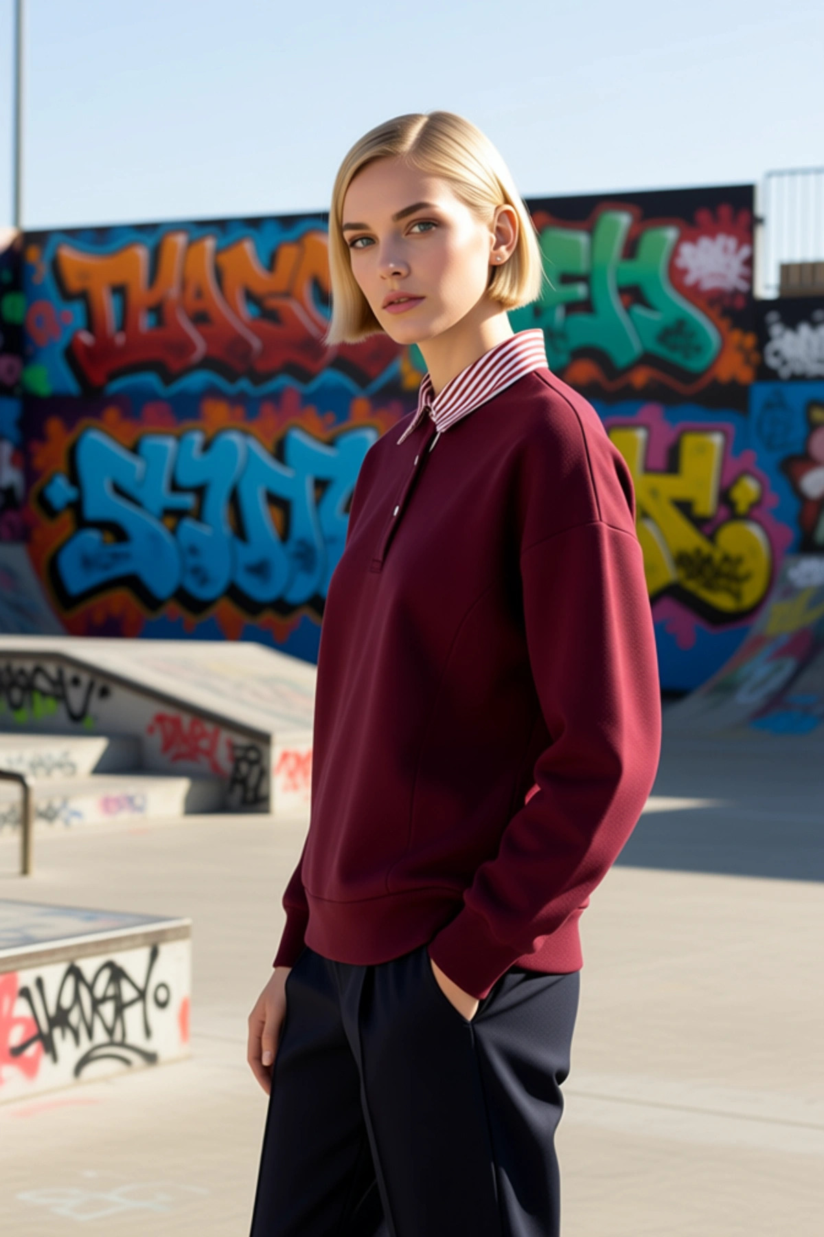Kadın Polo Yaka Düşük Kol Düğme Detaylı Sweatshirt Fonksiyonel Dayanıklı Kaliteli Konforlu