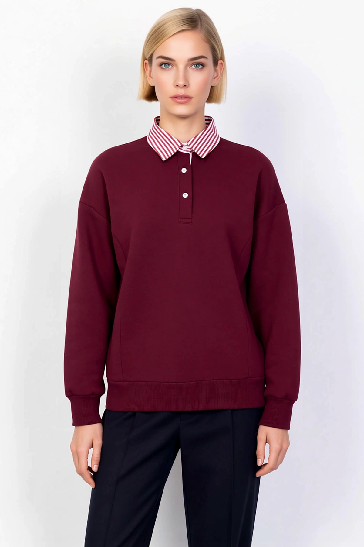 Kadın Polo Yaka Düşük Kol Düğme Detaylı Sweatshirt Fonksiyonel Dayanıklı Kaliteli Konforlu