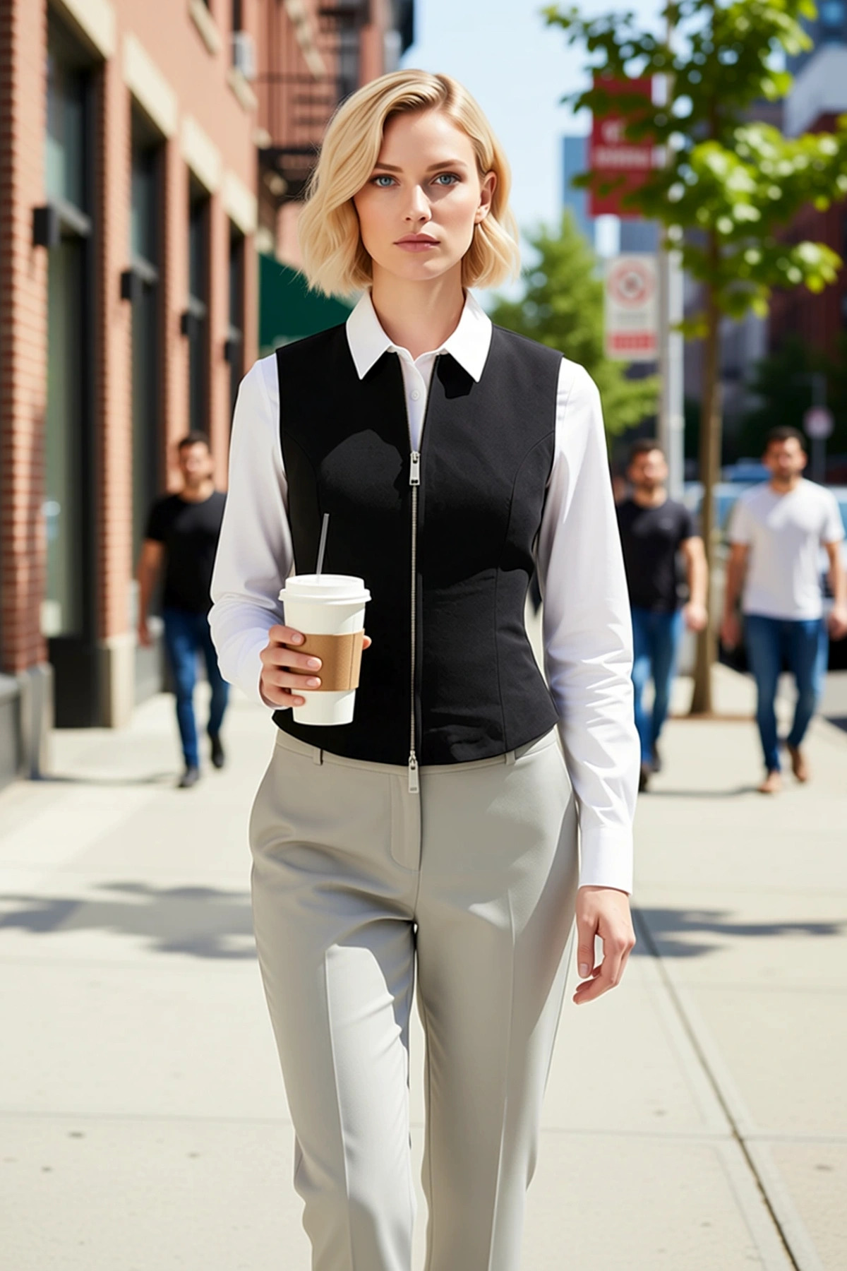 Alternative view of Kadın Gömlek Yaka Fermuarlı Kolsuz Vücuda Oturan Kesim Dokuma Kumaş Crop Yelek Astarlı Şık