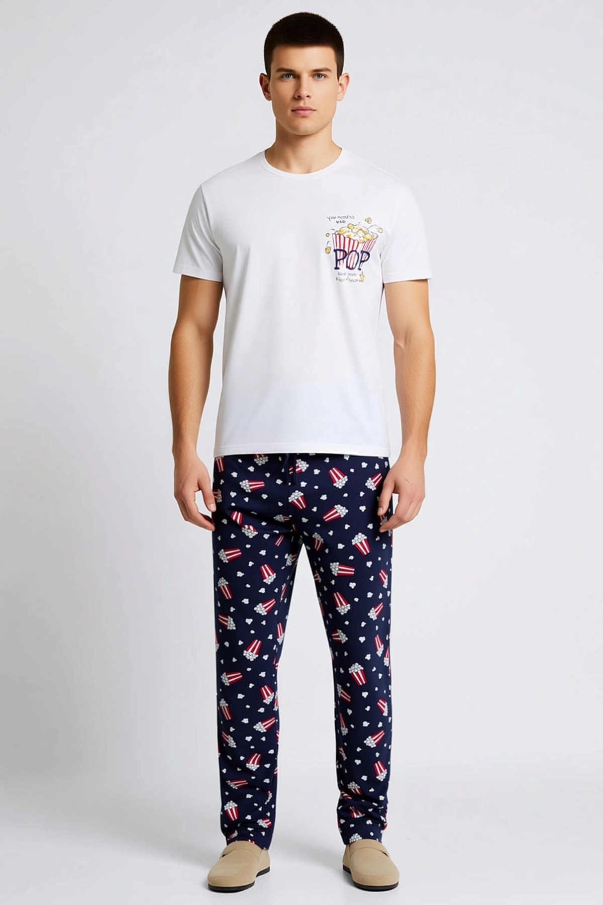 Erkek Bisiklet Yaka Standart Kol Regular Fit Popcorn Baskılı Pijama Takımı Estetik