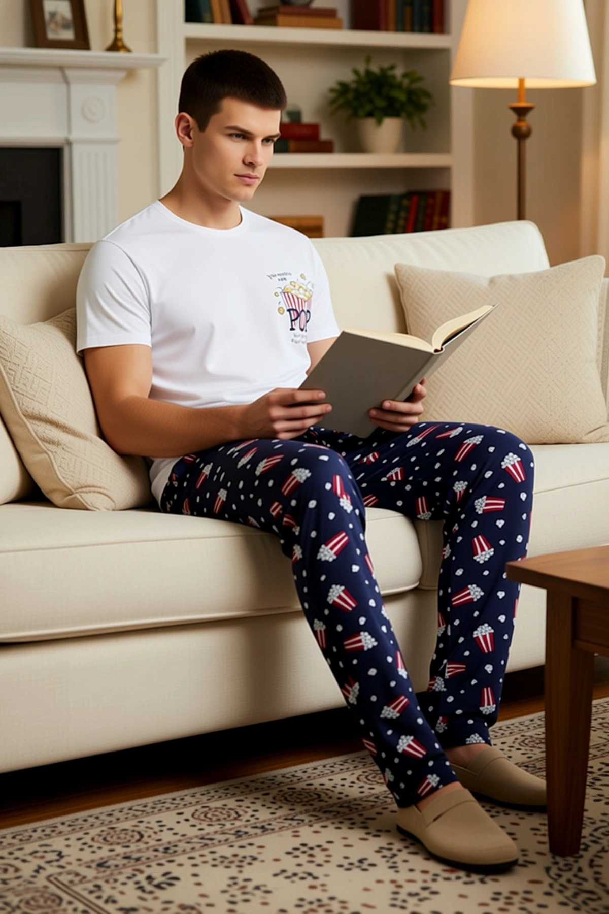 Erkek Bisiklet Yaka Standart Kol Regular Fit Popcorn Baskılı Pijama Takımı Estetik