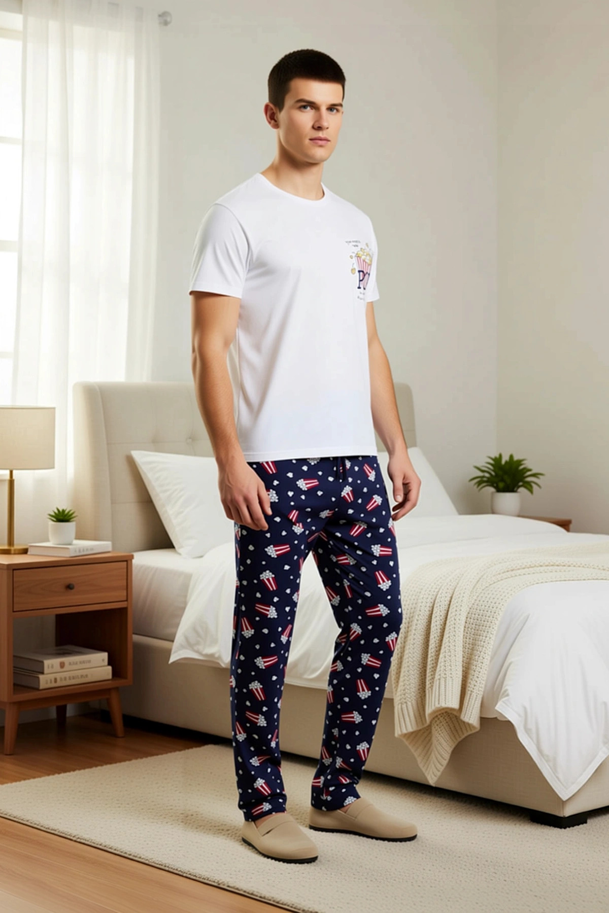 Erkek Bisiklet Yaka Standart Kol Regular Fit Popcorn Baskılı Pijama Takımı Estetik