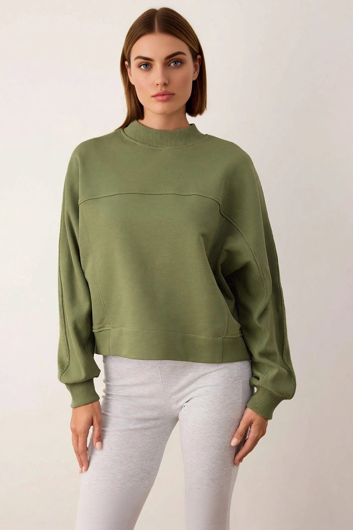 Kadın %100 Pamuk Geniş Kalıp Dik Yaka Düşük Kol Örme Sweatshirt Fonksiyonel Dayanıklı Spor