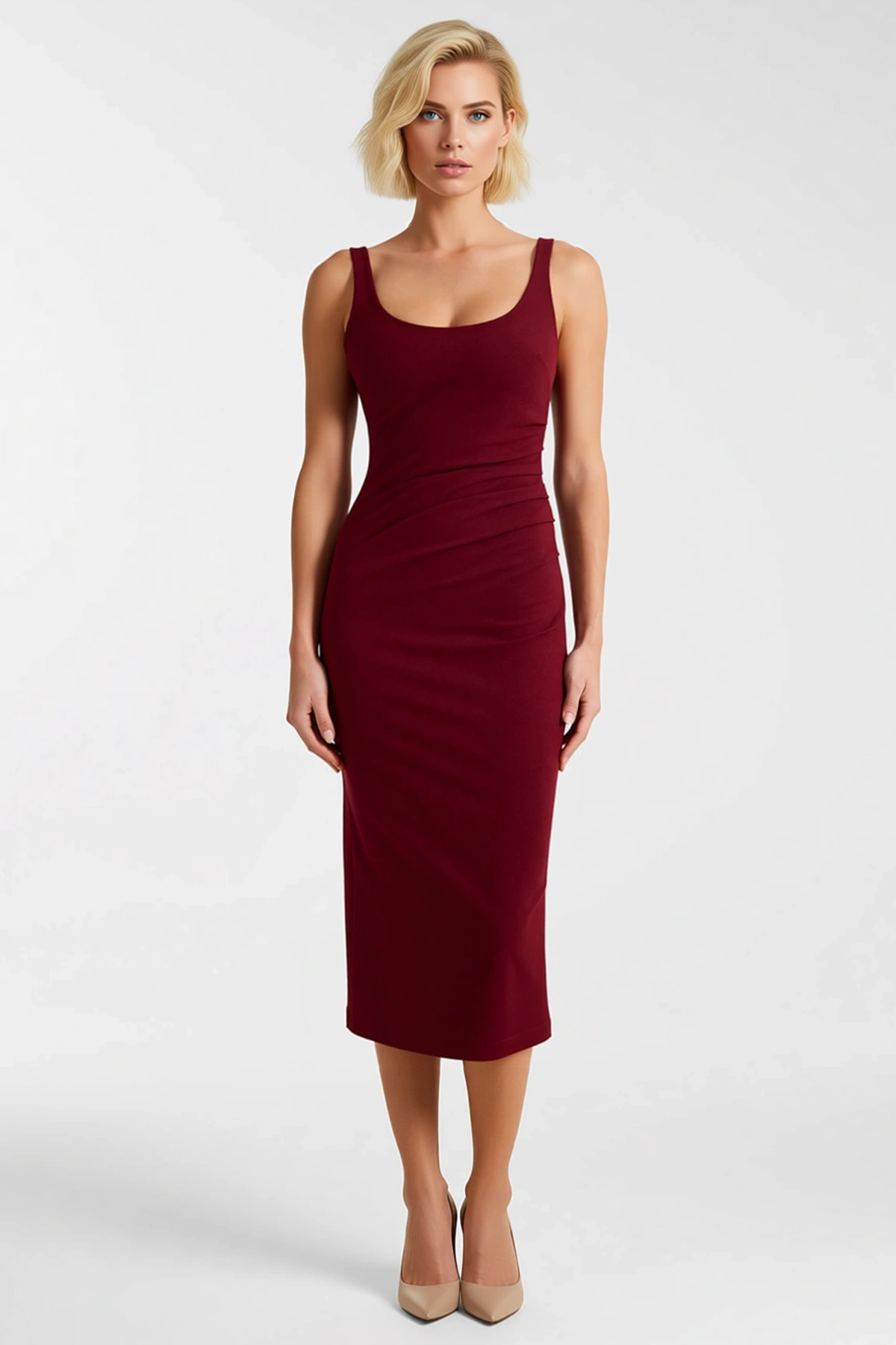 Kadın Bodycon Midi Elbise Havuz Yaka Kolsuz Düz Desen Örme Scuba Krep Astarsız Fonksiyonel