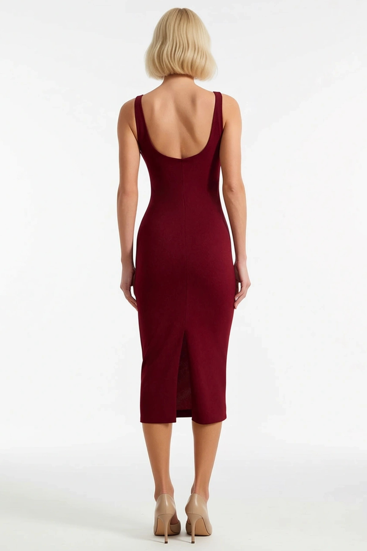 Kadın Bodycon Midi Elbise Havuz Yaka Kolsuz Düz Desen Örme Scuba Krep Astarsız Fonksiyonel