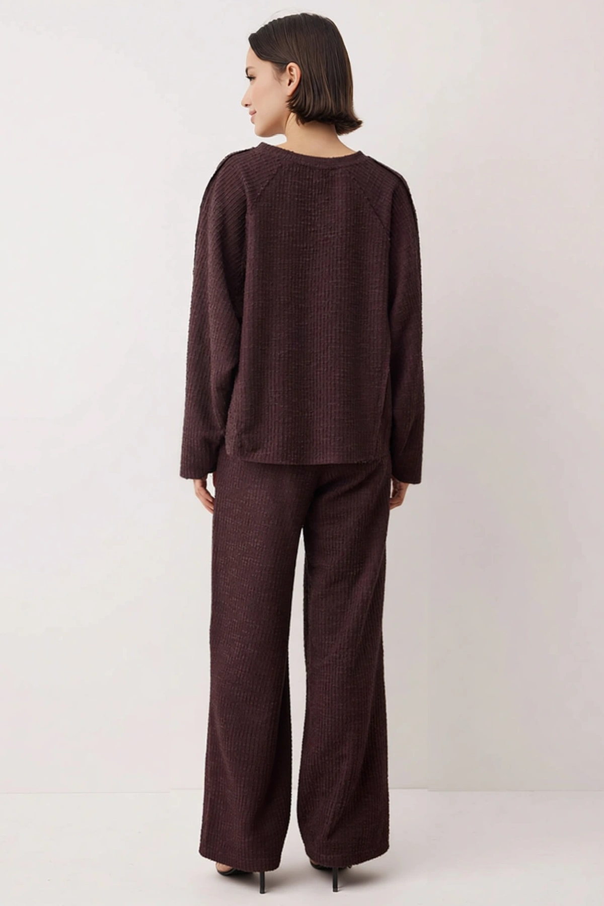 Kadın Büyük Beden Reglan Kollu Bisiklet Yaka Uzun Örme Sweatshirt %100 Pamuk Jakar Dokulu Günlük