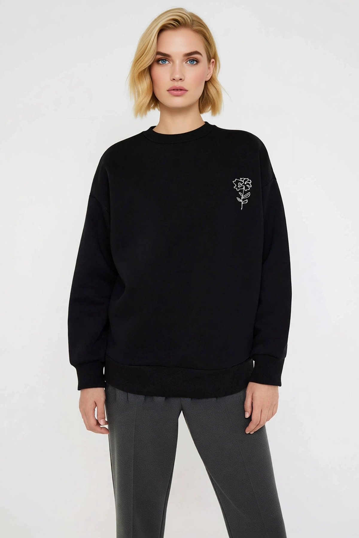 Kadın Bisiklet Yaka Düşük Kol Uzun Kollu Oversize Kalıp Örme Sweatshirt Fonksiyonel Modern