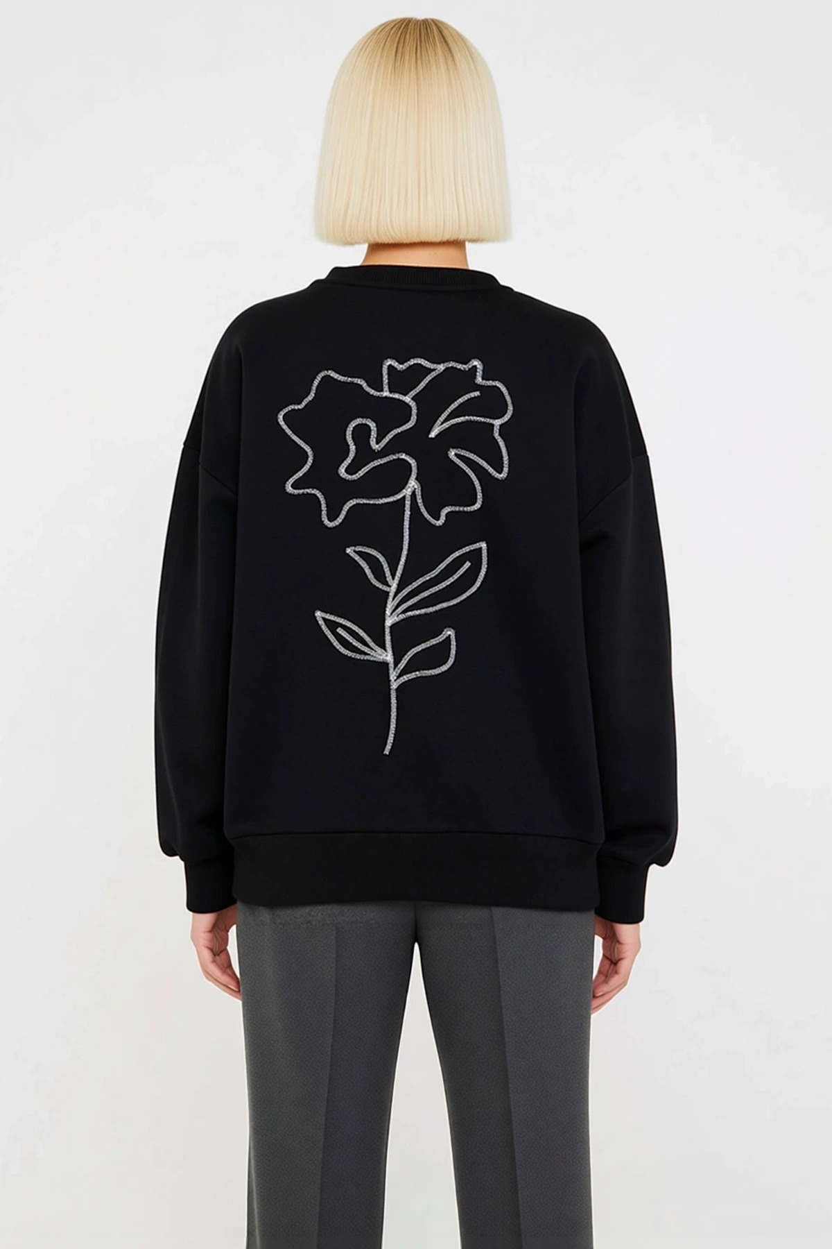 Kadın Bisiklet Yaka Düşük Kol Uzun Kollu Oversize Kalıp Örme Sweatshirt Fonksiyonel Modern