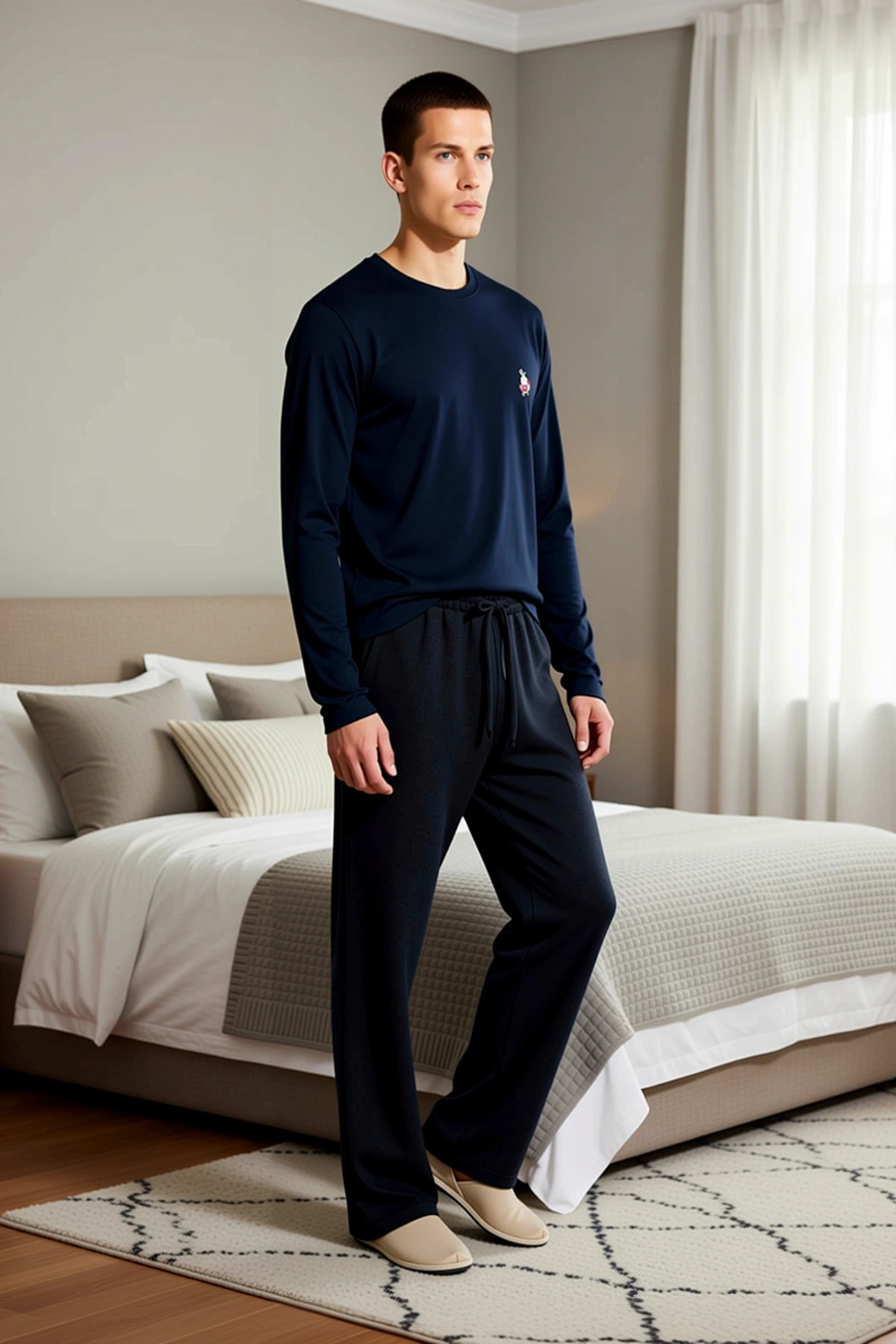 Erkek Bisiklet Yaka Standart Kol Hayvan Nakışlı Örme Pijama Takımı Fonksiyonel Şık %100 Pamuk