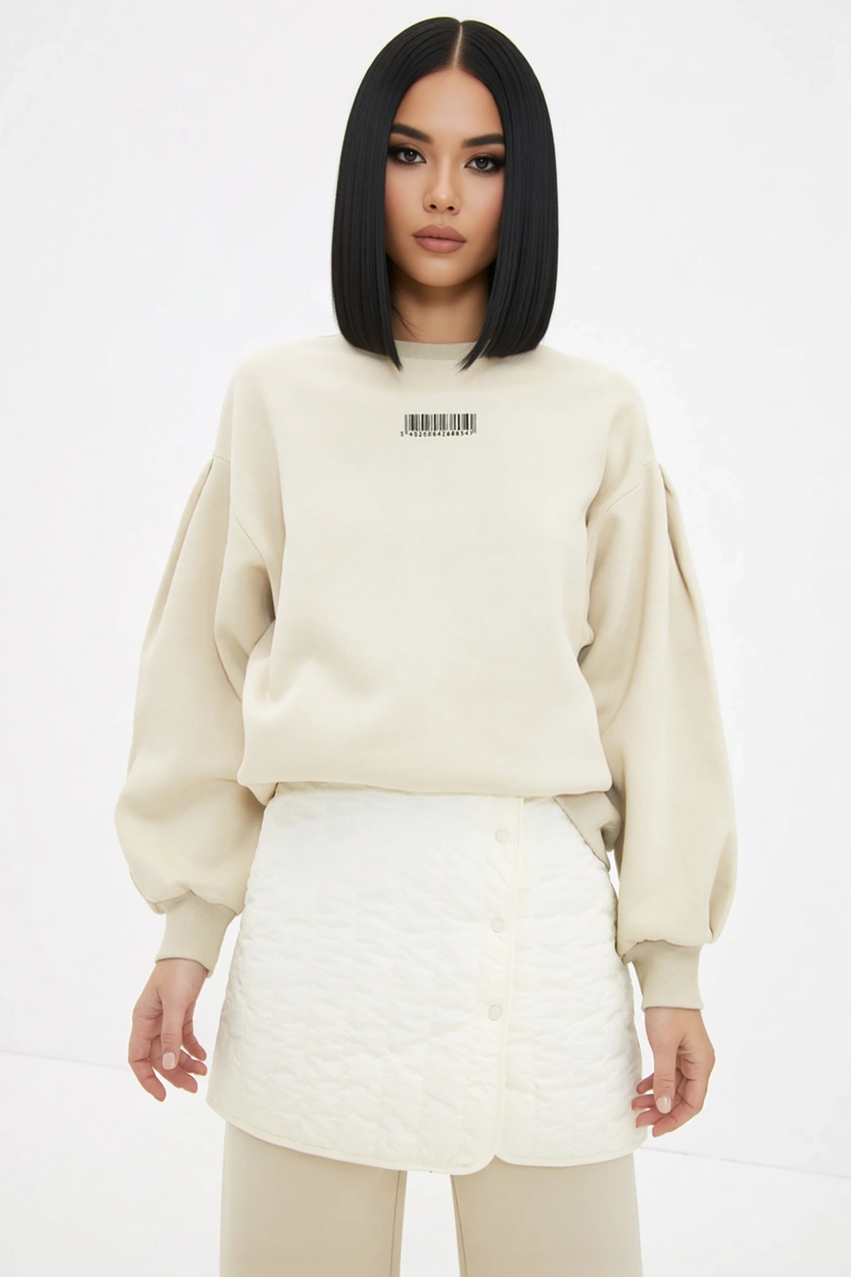 Kadın Bisiklet Yaka Balon Kol Örme Sweatshirt Fonksiyonel Dayanıklı Kaliteli Konforlu Spor