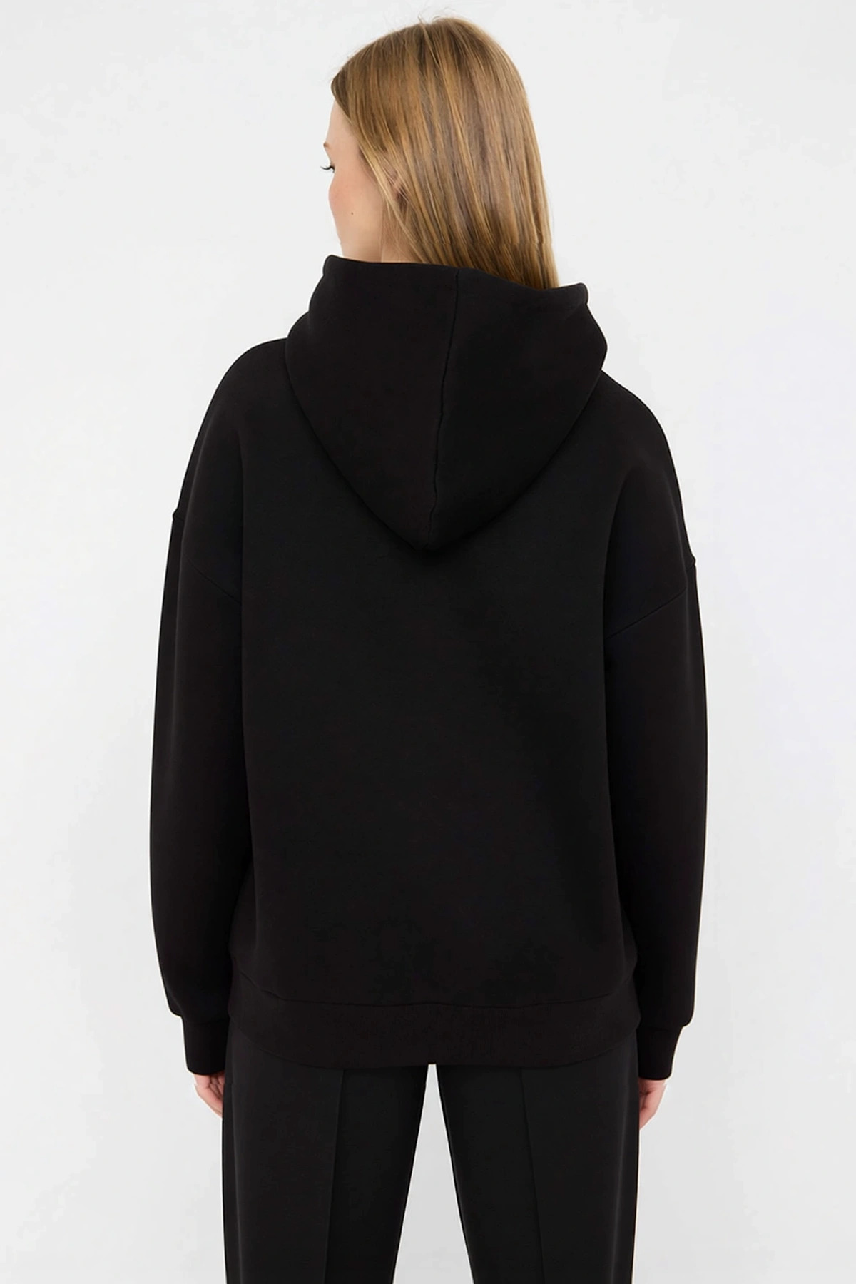 Kadın Kapüşonlu Düşük Kol Oversize Kalıp Örme Sweatshirt Fonksiyonel Dayanıklı Kaliteli Şık