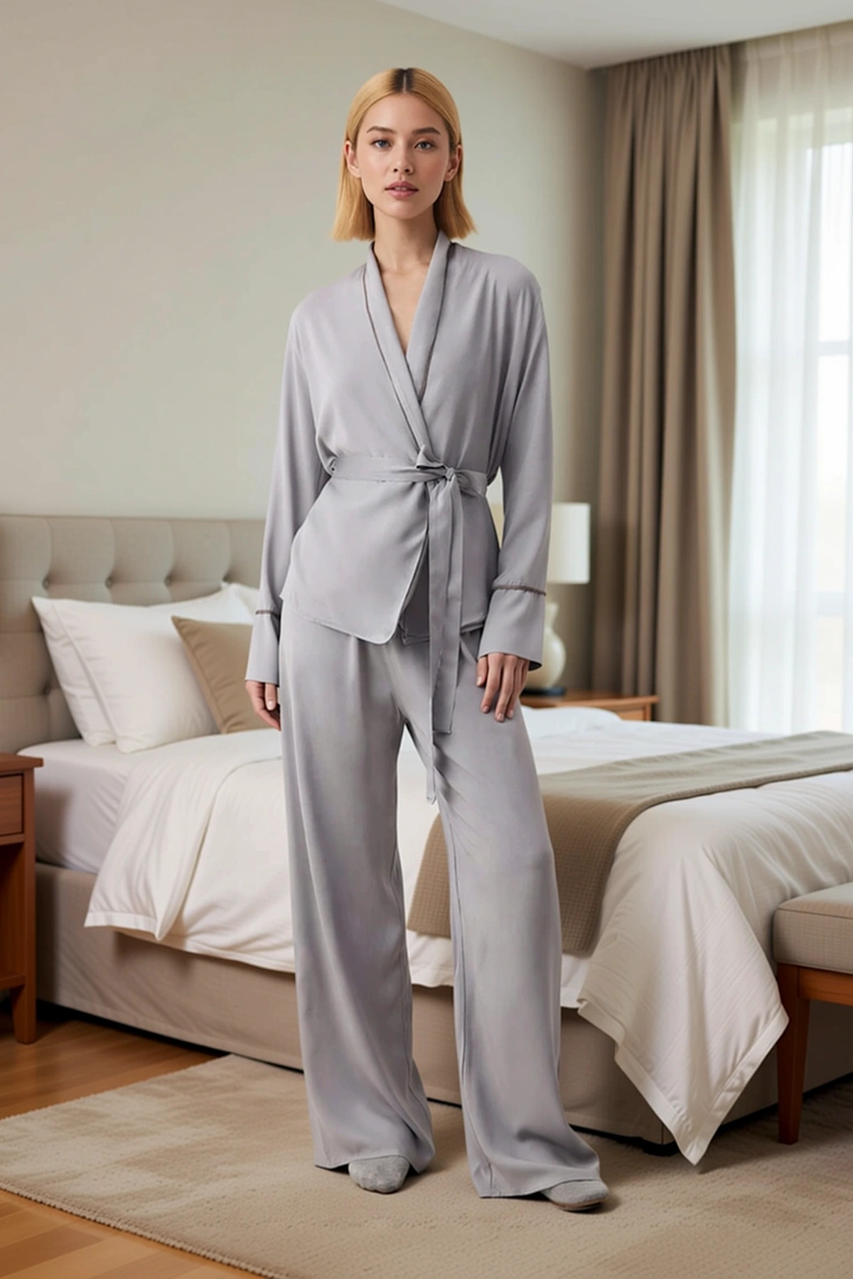 Kadın V Yaka Uzun Kol Relaxed Kalıp Dokuma Pijama Takımı Fonksiyonel Dayanıklı