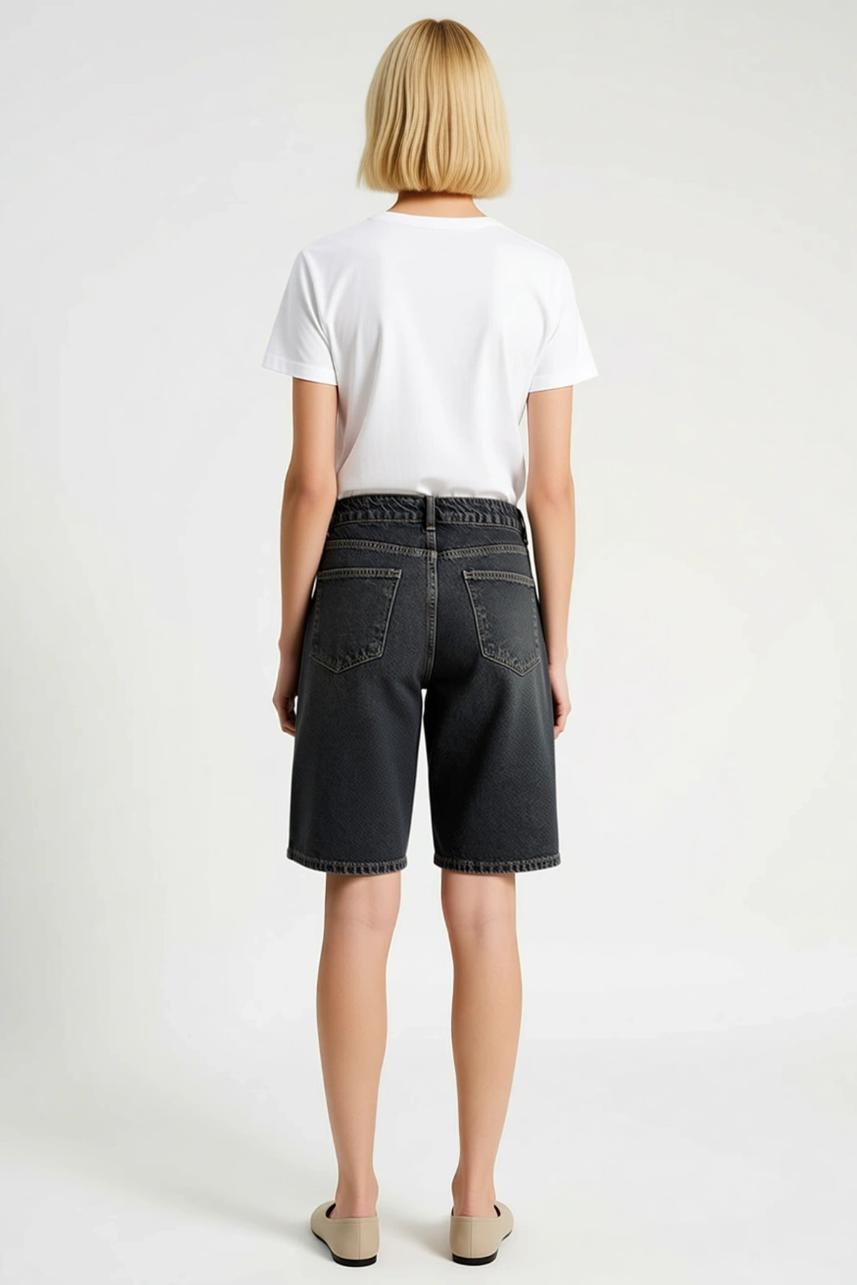 Kadın Yüksek Bel Bermuda Düz Denim Boru Paça Kısa Boy Rigid Dokuma Yaz Sezonu Modern
