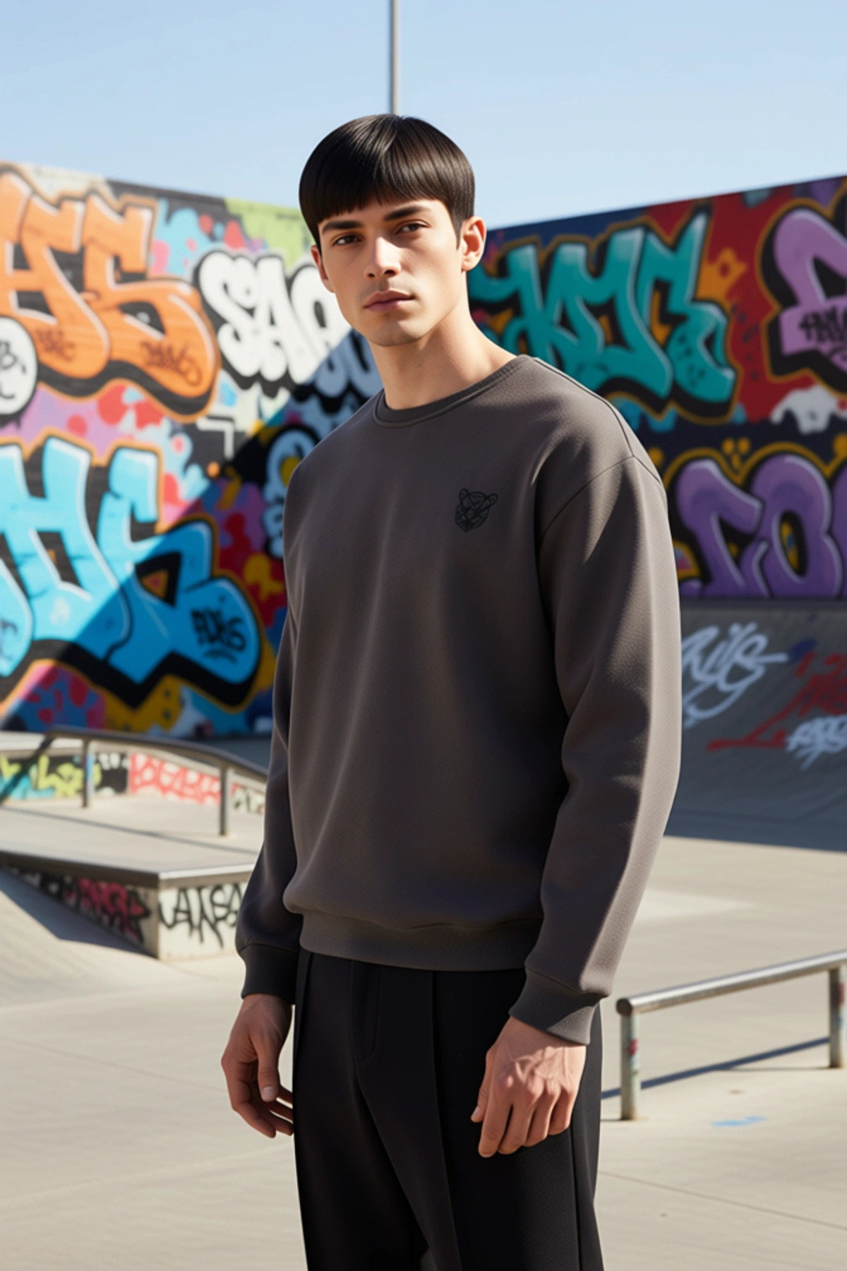 Erkek Bisiklet Yaka Düşük Kol Oversize Kalın Nakışlı Sweatshirt Fonksiyonel Dayanıklı Spor