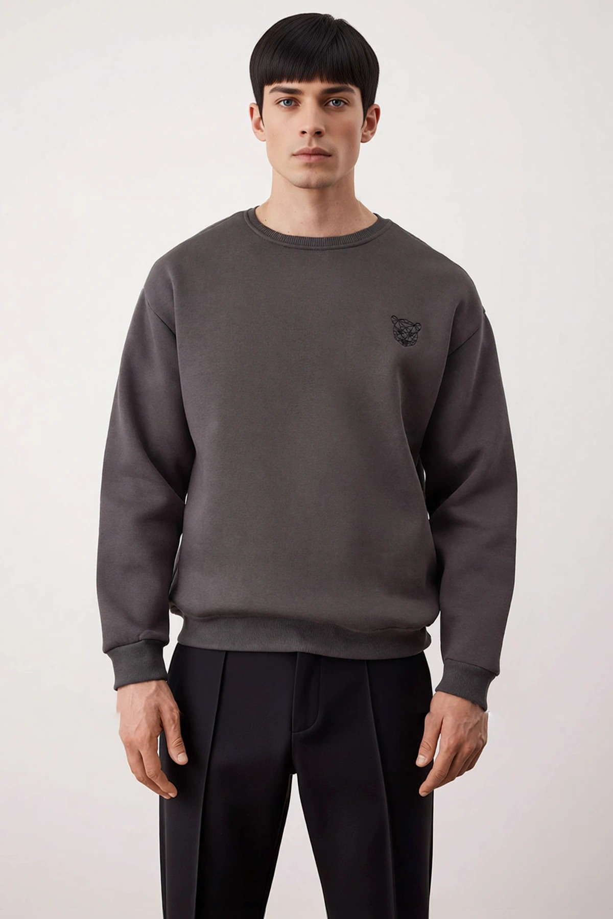 Erkek Bisiklet Yaka Düşük Kol Oversize Kalın Nakışlı Sweatshirt Fonksiyonel Dayanıklı Spor