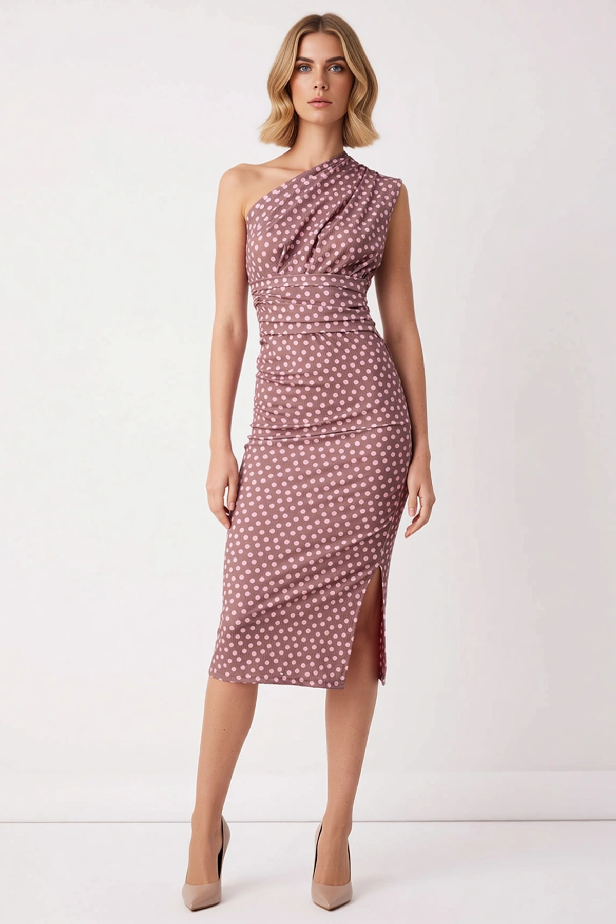 Kadın Asimetrik Yaka Tek Kol Puantiyeli Bodycon Midi Elbise Fonksiyonel Şık