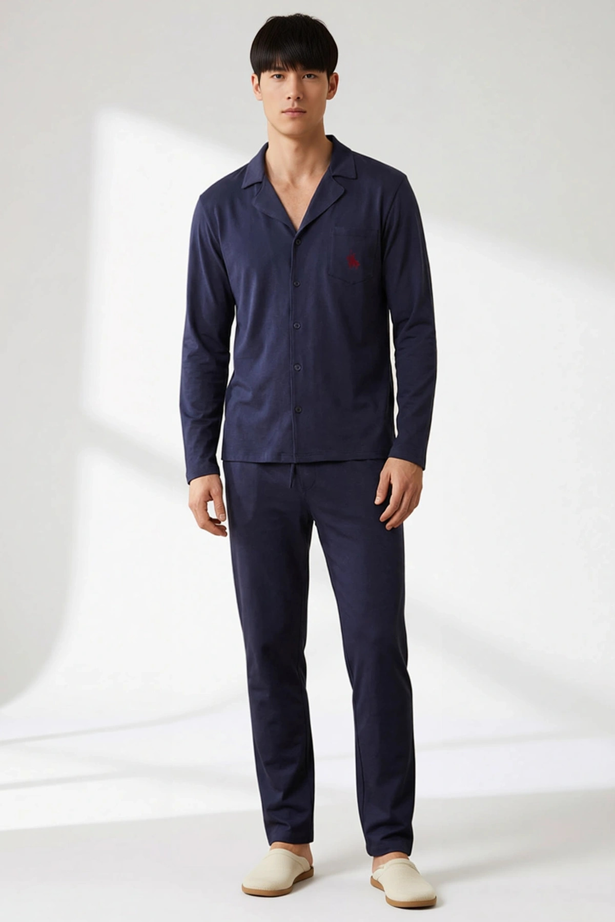 Erkek Apaş Yaka Standart Kol Uzun Kollu Nakışlı Pijama Takımı Regular Kalıp Şık %100 Pamuk