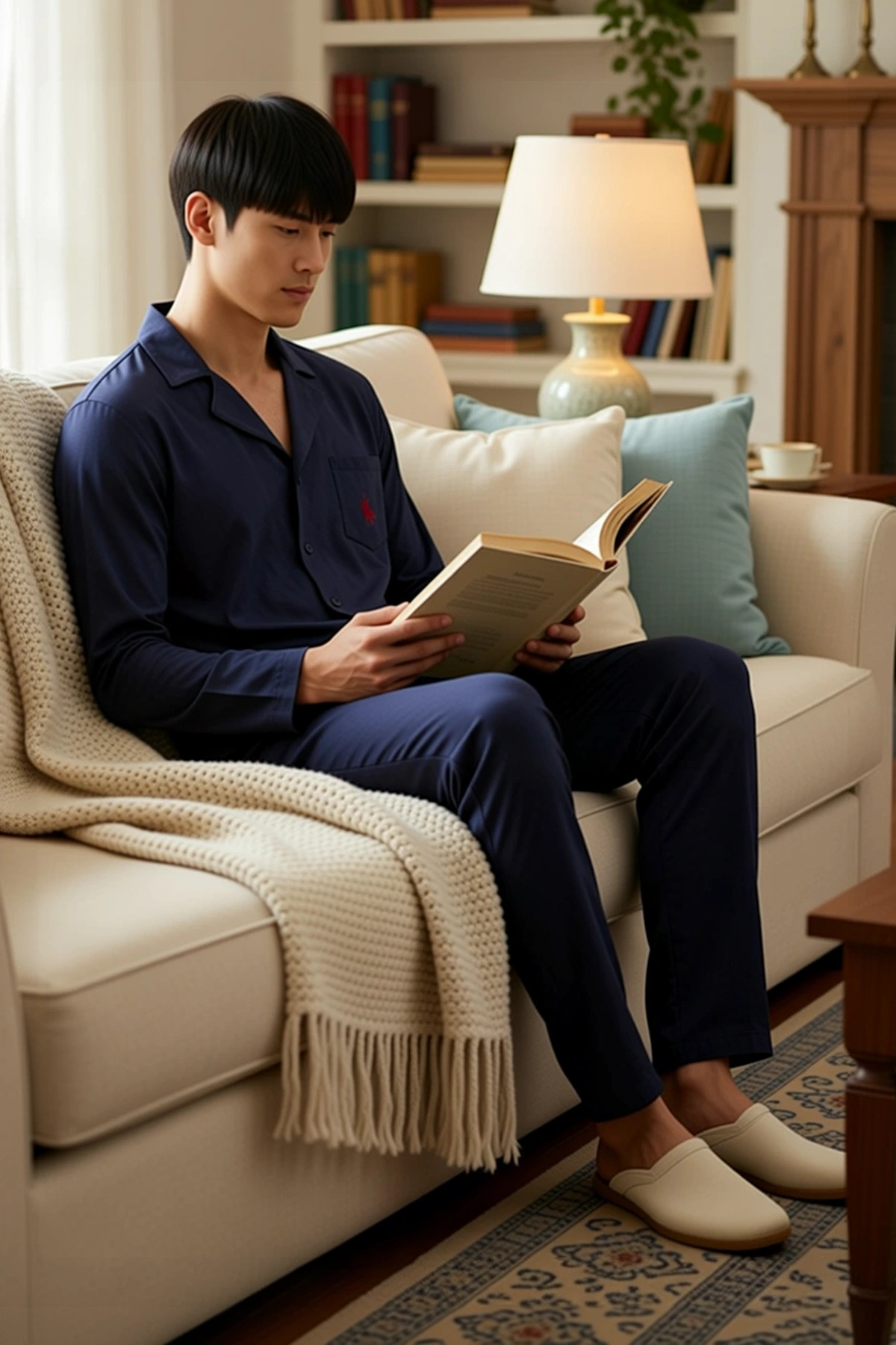 Erkek Apaş Yaka Standart Kol Uzun Kollu Nakışlı Pijama Takımı Regular Kalıp Şık %100 Pamuk