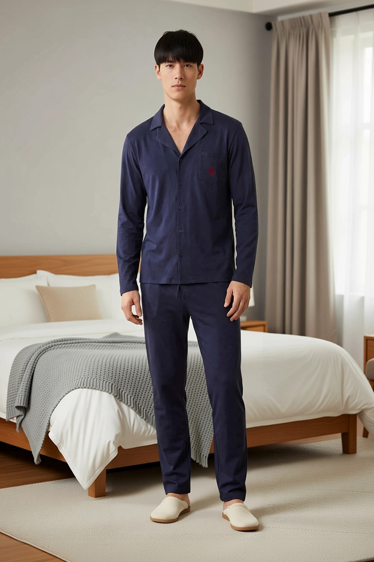 Erkek Apaş Yaka Standart Kol Uzun Kollu Nakışlı Pijama Takımı Regular Kalıp Şık %100 Pamuk