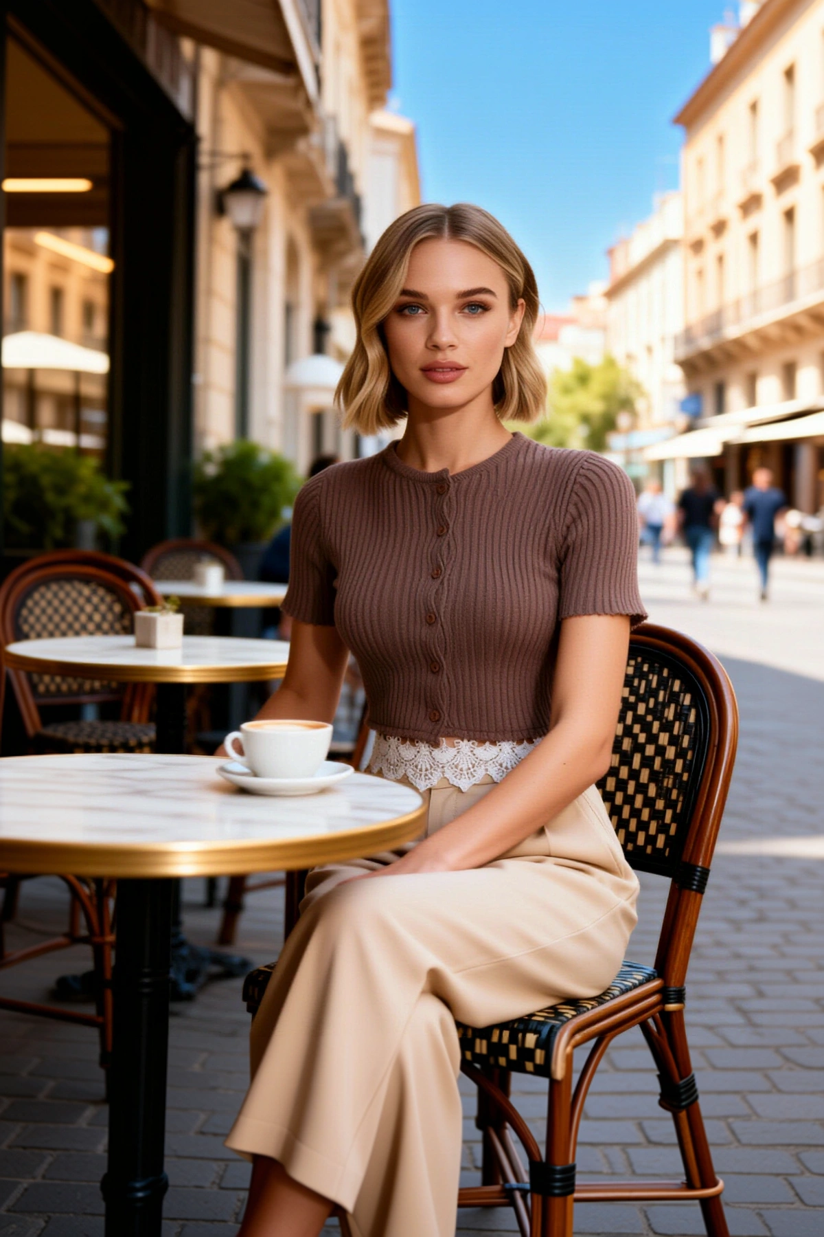 Kadın Bluz Regular Fit Bisiklet Yaka Kısa Kol Fitilli Triko Crop Dantel Detaylı İlkbahar Sonbahar