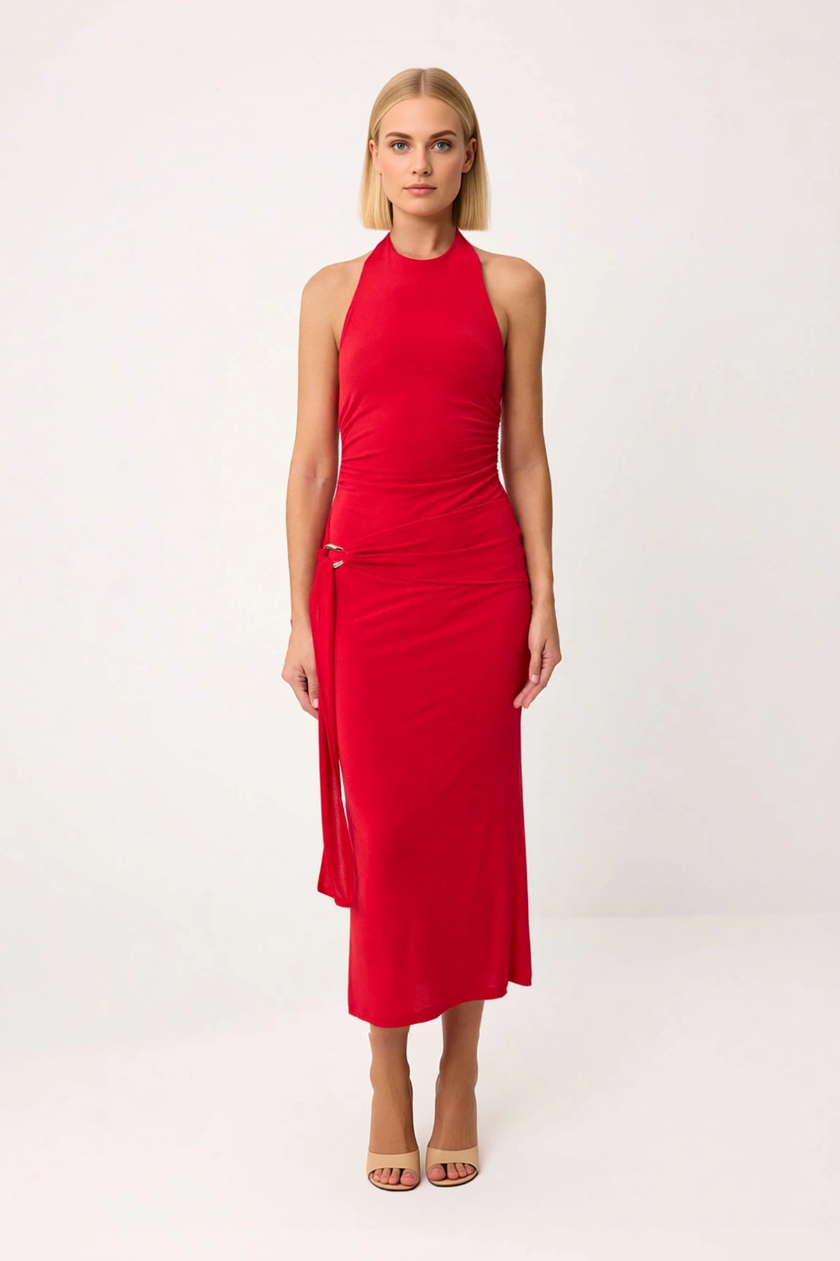 Kadın Halter Yaka Bodycon Midi Elbise %100 Polyester Kolsuz Astarsız Yaz Elbisesi Günlük Rahat Şık