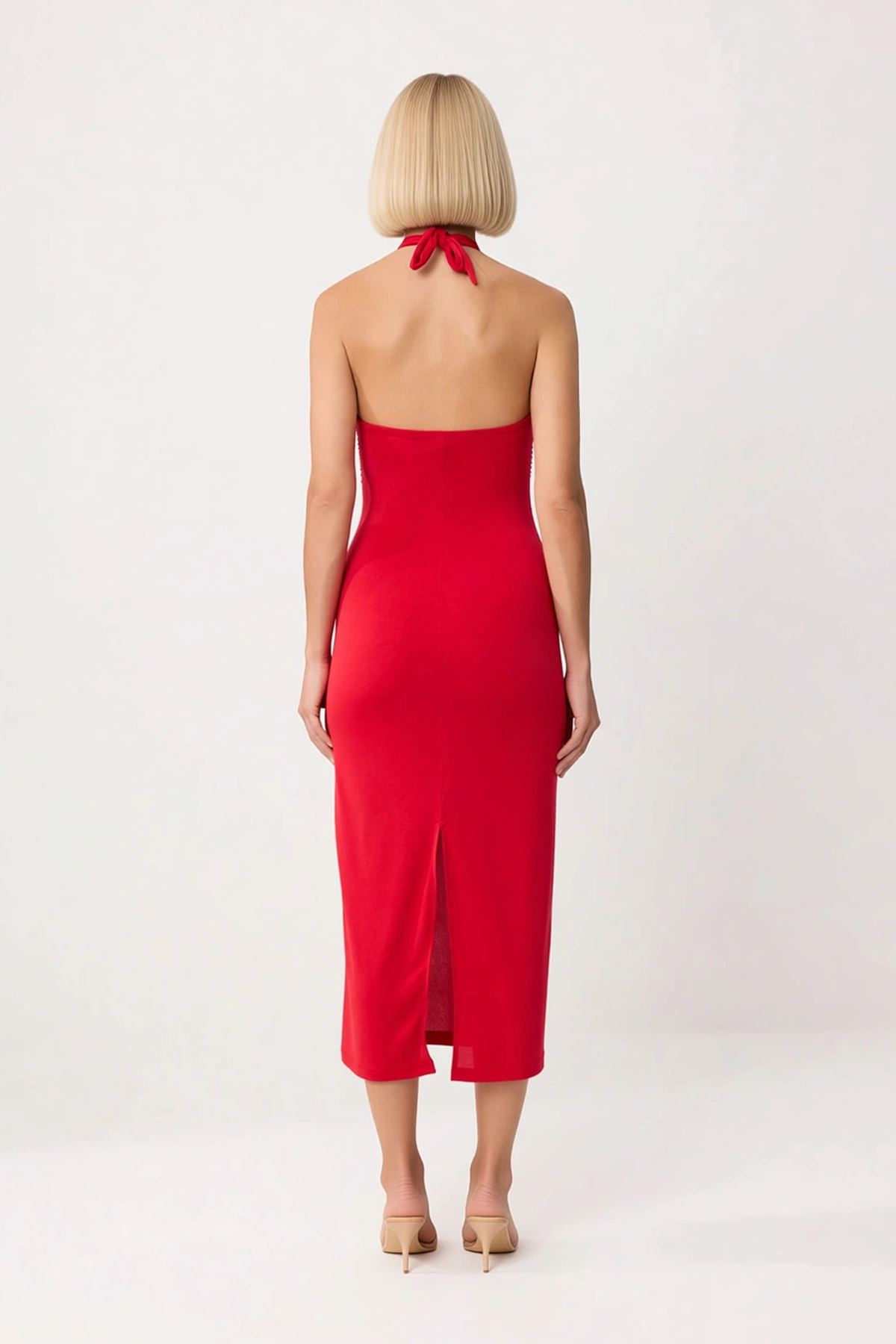 Kadın Halter Yaka Bodycon Midi Elbise %100 Polyester Kolsuz Astarsız Yaz Elbisesi Günlük Rahat Şık