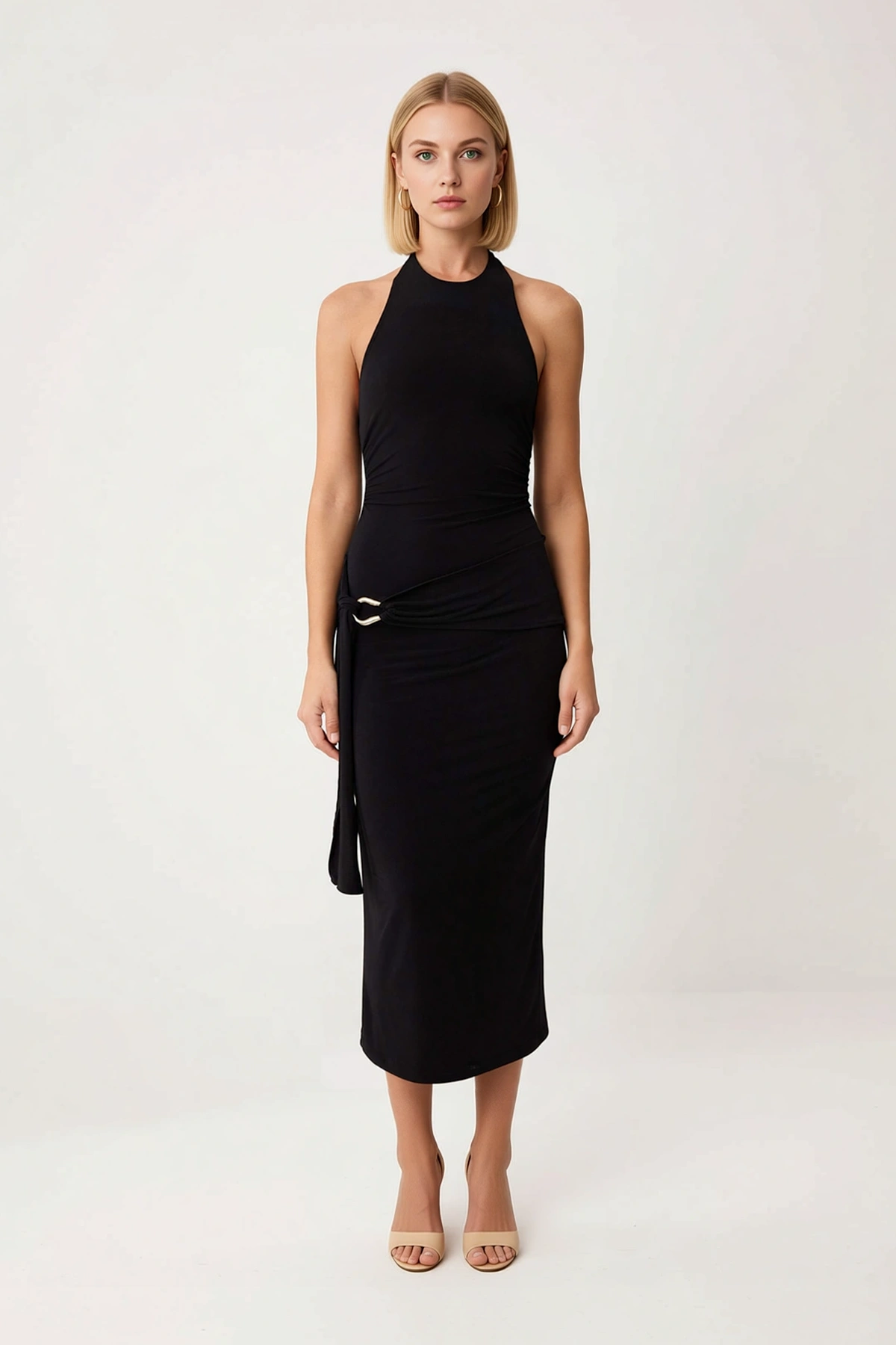 Kadın Halter Yaka Bodycon Midi Elbise %100 Polyester Kolsuz Astarsız Yaz Elbisesi Günlük Rahat Şık