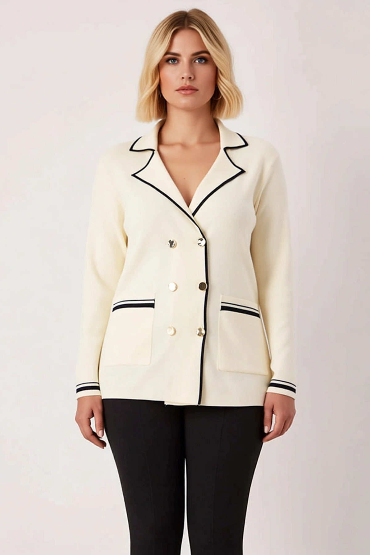 Kadın Çift Düğmeli Triko Blazer Hırka Çizgili Detaylı Ceket Yaka Uzun Kollu Şık Bir Görünüm