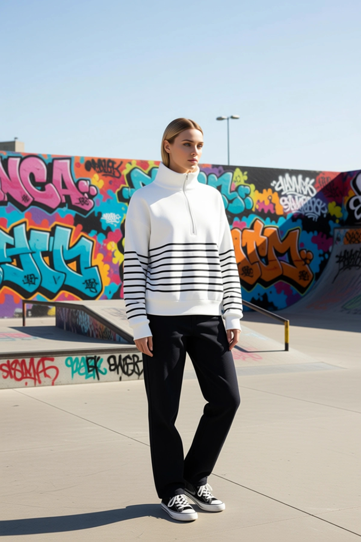Kadın Dik Yaka Düşük Kol Fermuarlı Çizgili Oversize Kalın Örme Sweatshirt Fonksiyonel Spor