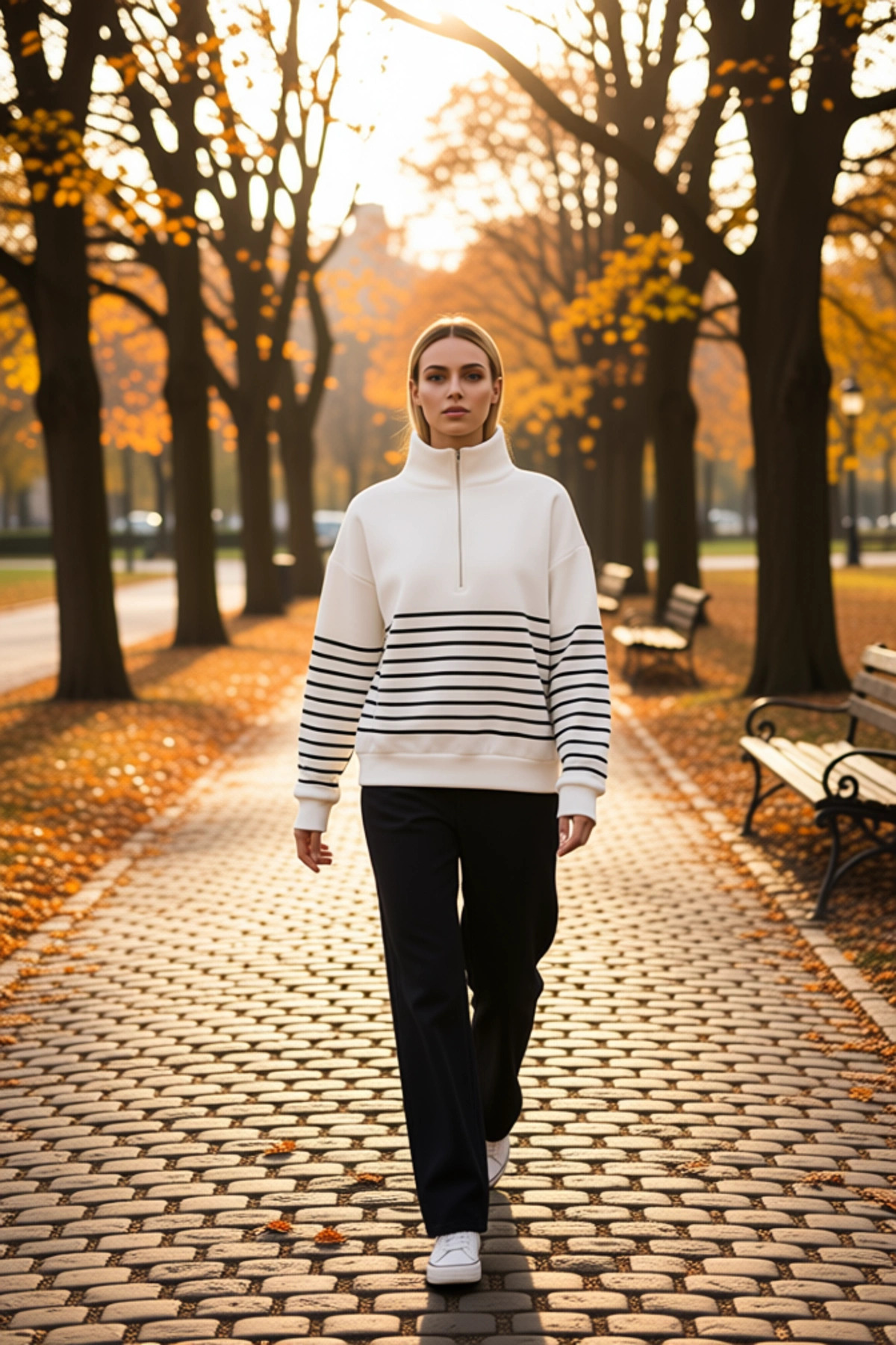 Kadın Dik Yaka Düşük Kol Fermuarlı Çizgili Oversize Kalın Örme Sweatshirt Fonksiyonel Spor