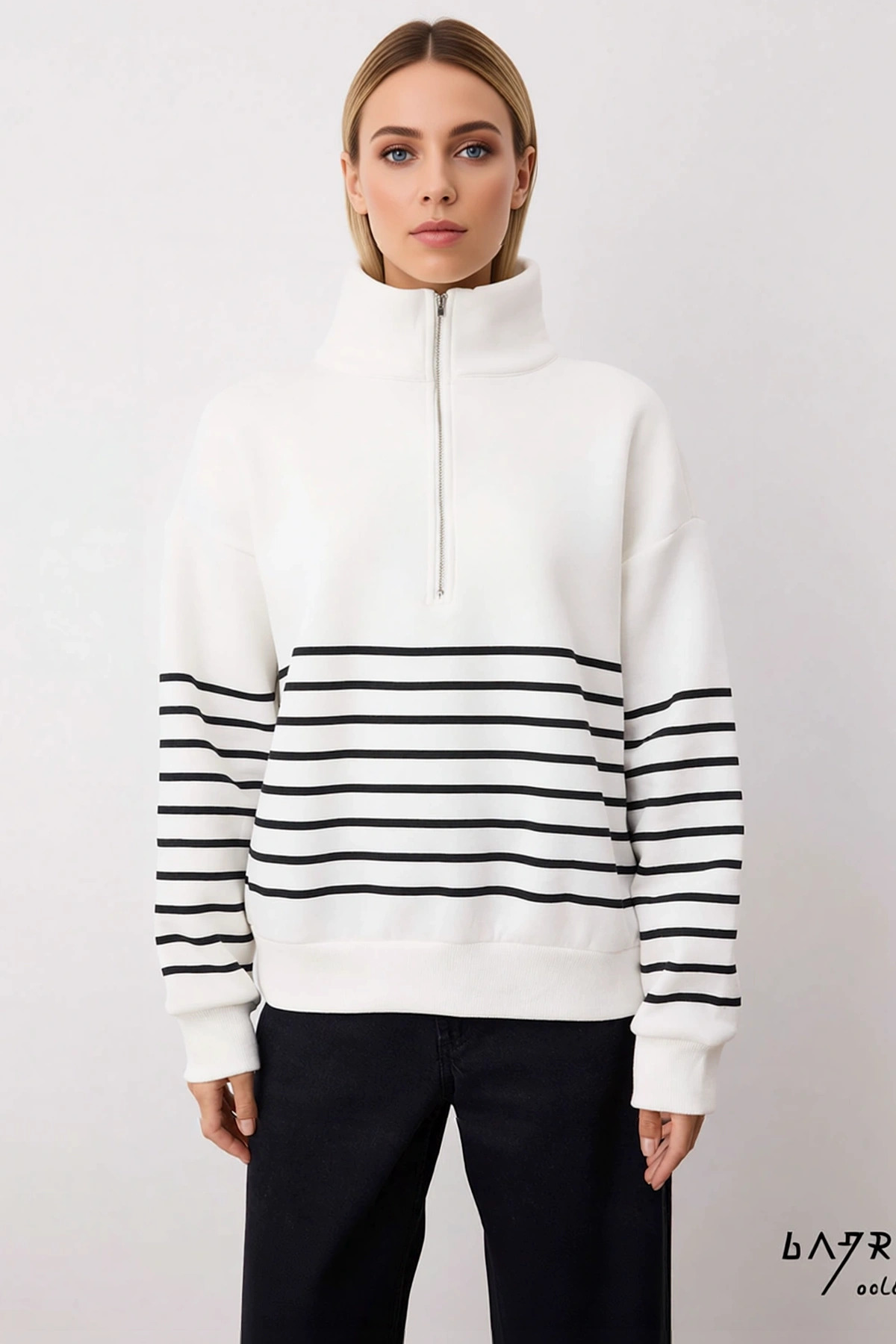 Kadın Dik Yaka Düşük Kol Fermuarlı Çizgili Oversize Kalın Örme Sweatshirt Fonksiyonel Spor