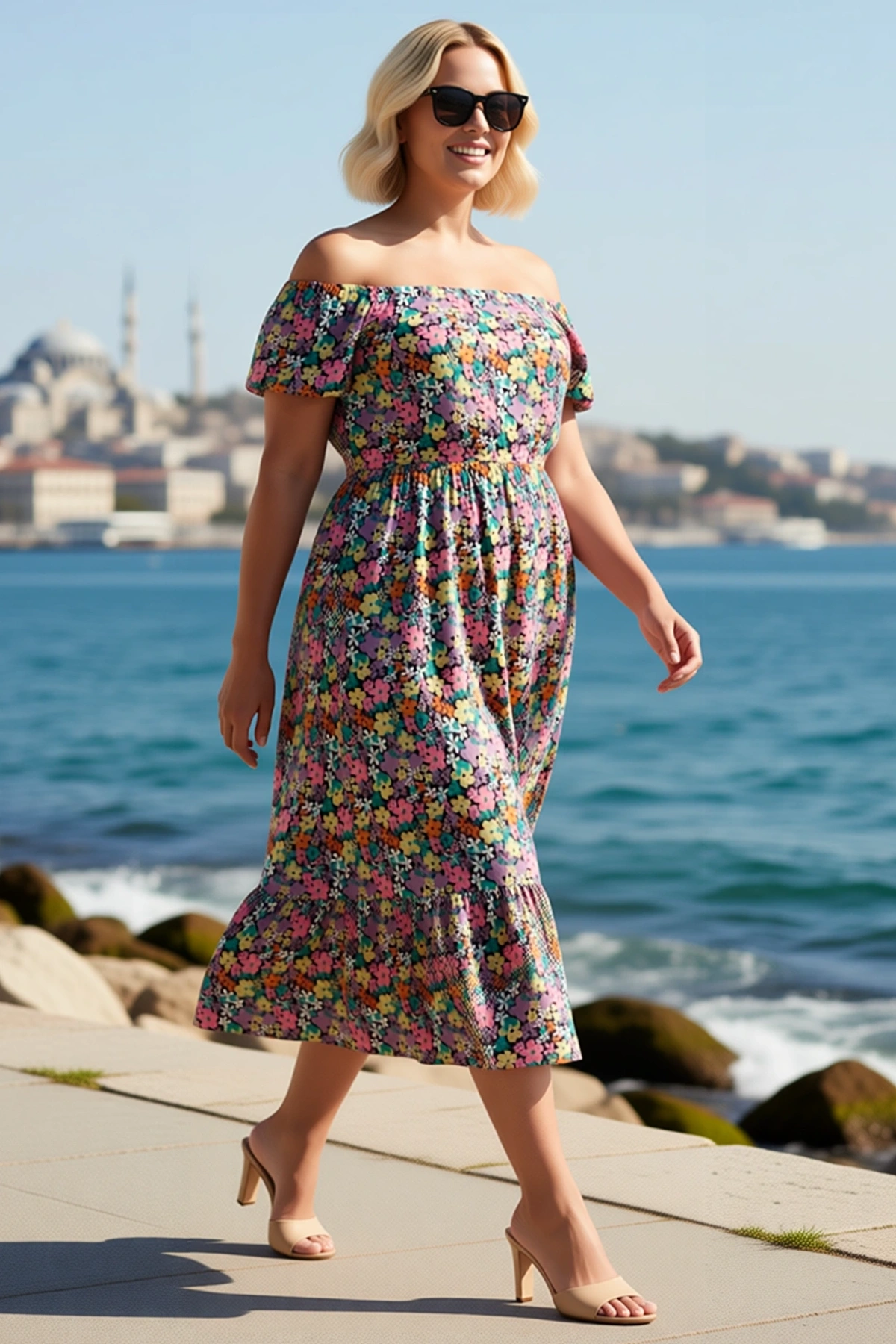 Kadın Büyük Beden Carmen Yaka Çiçek Desenli A-line Maxi Elbise Kısa Kollu Günlük Rahat Modern Şık