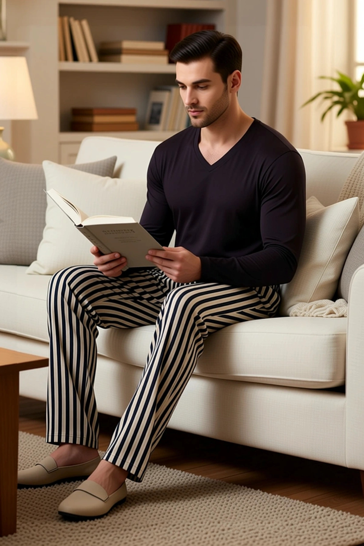 Erkek Büyük Beden V Yaka Standart Kol Uzun Kol Örme Çizgili Pijama Takımı Rahat %100 Pamuk